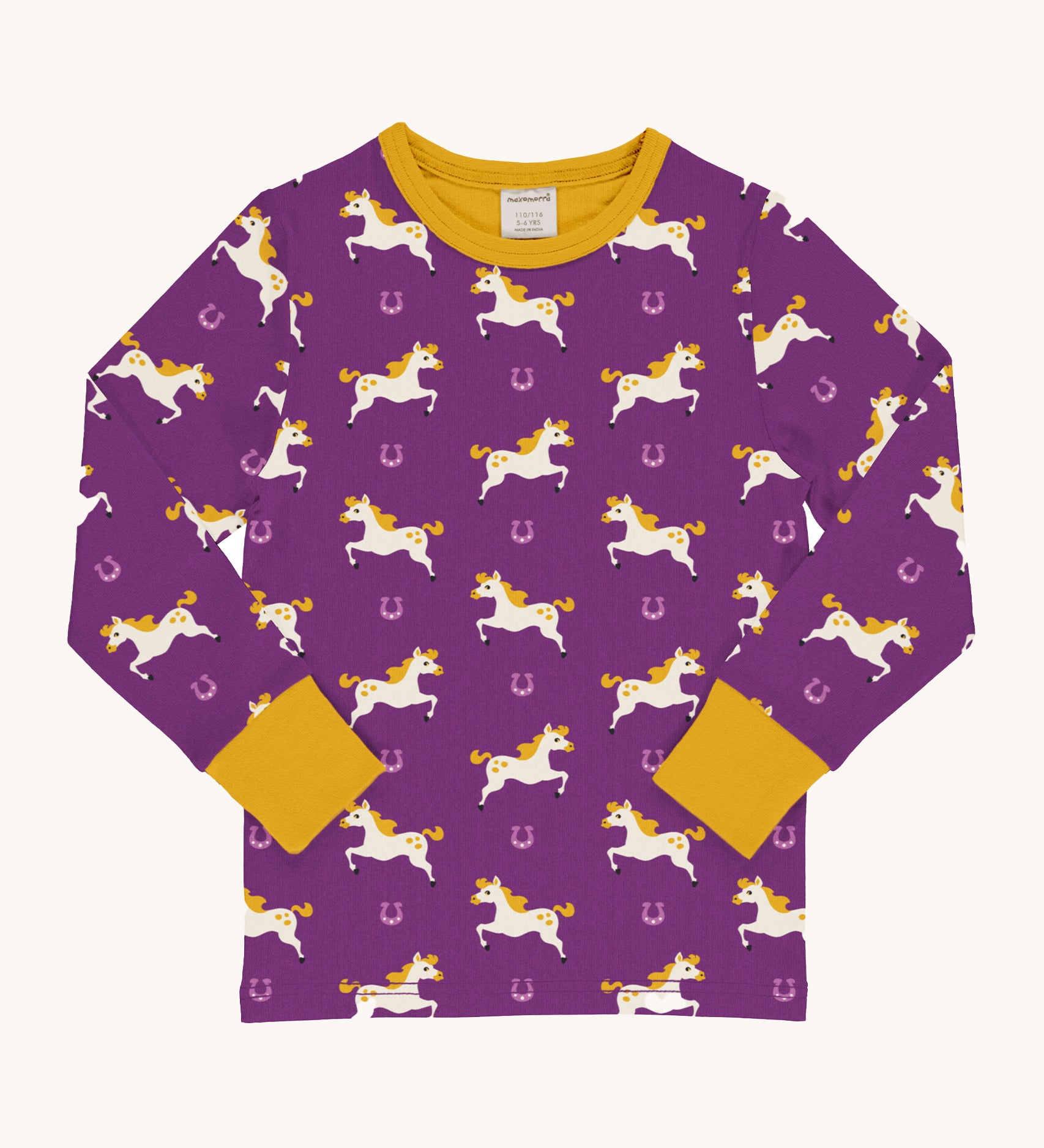 Maxomorra Horse Long Sleeved Children's Top is purple with a galloping horse repeat print and contrasting golden yellow elasticated cuffs and neck trim