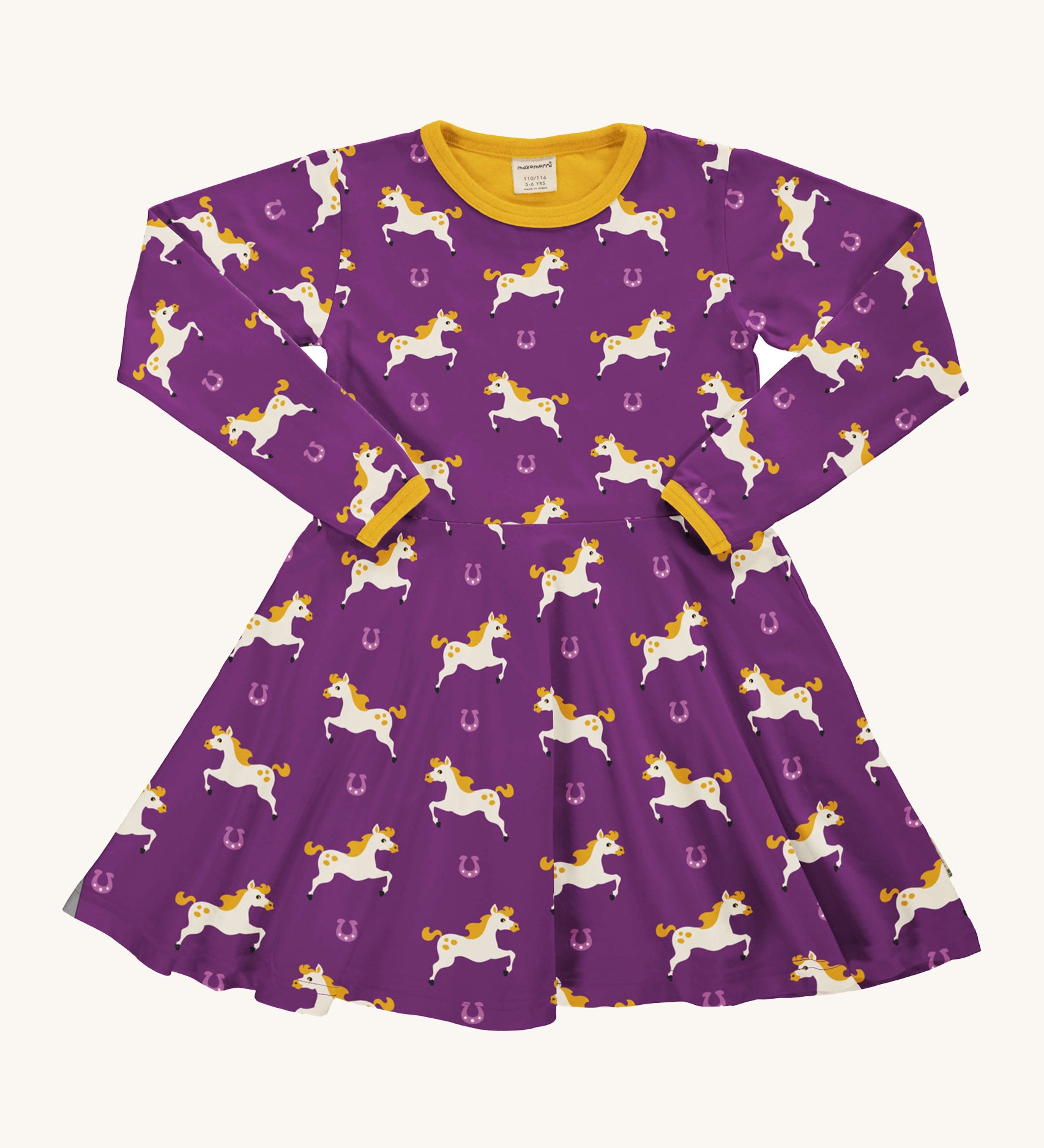 Maxomorra Organic Cotton Horse Long Sleeve Circle Dress in purple fabric with cream horse print and yellow piping