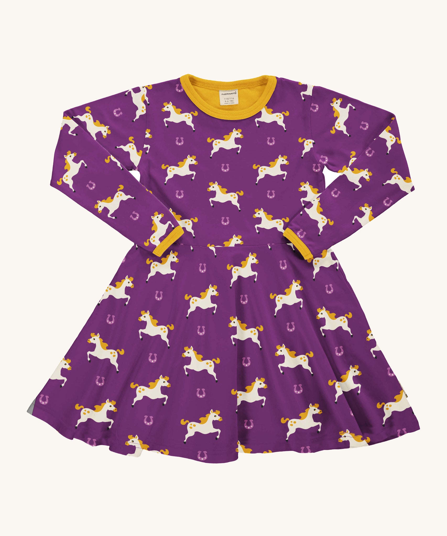 Maxomorra Organic Cotton Horse Long Sleeve Circle Dress in purple fabric with cream horse print and yellow piping