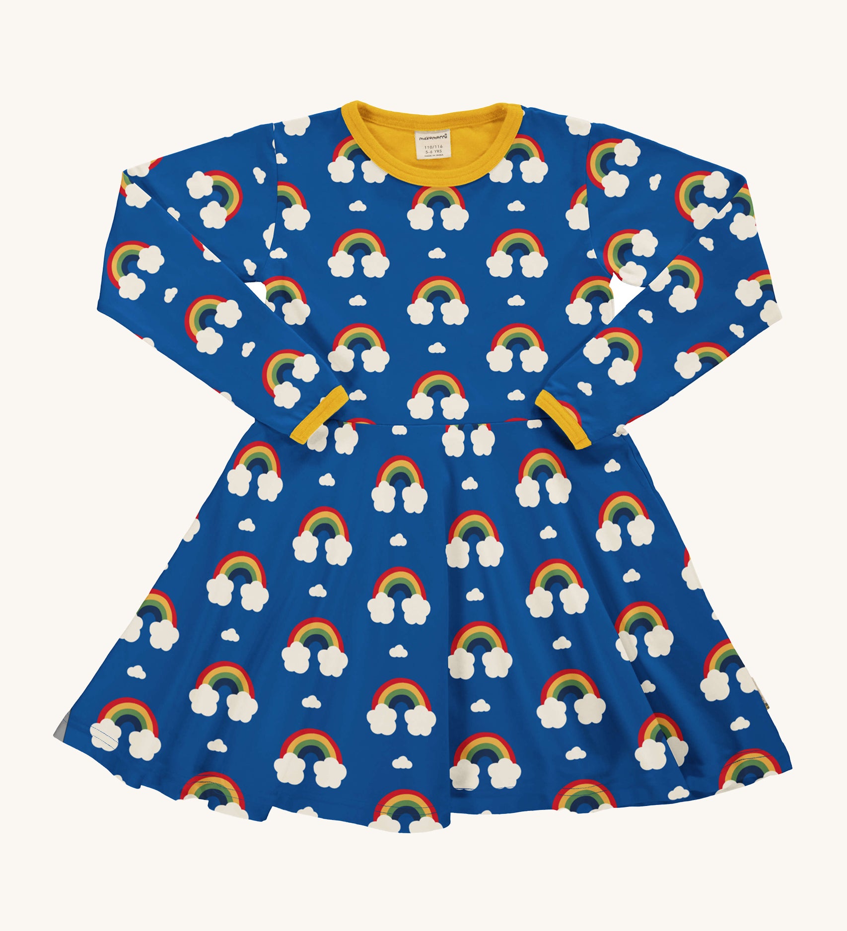 Maxomorra Organic Cotton Rainbow Long Sleeve Circle Dress in blue fabric and colourful rainbow print, with yellow piping