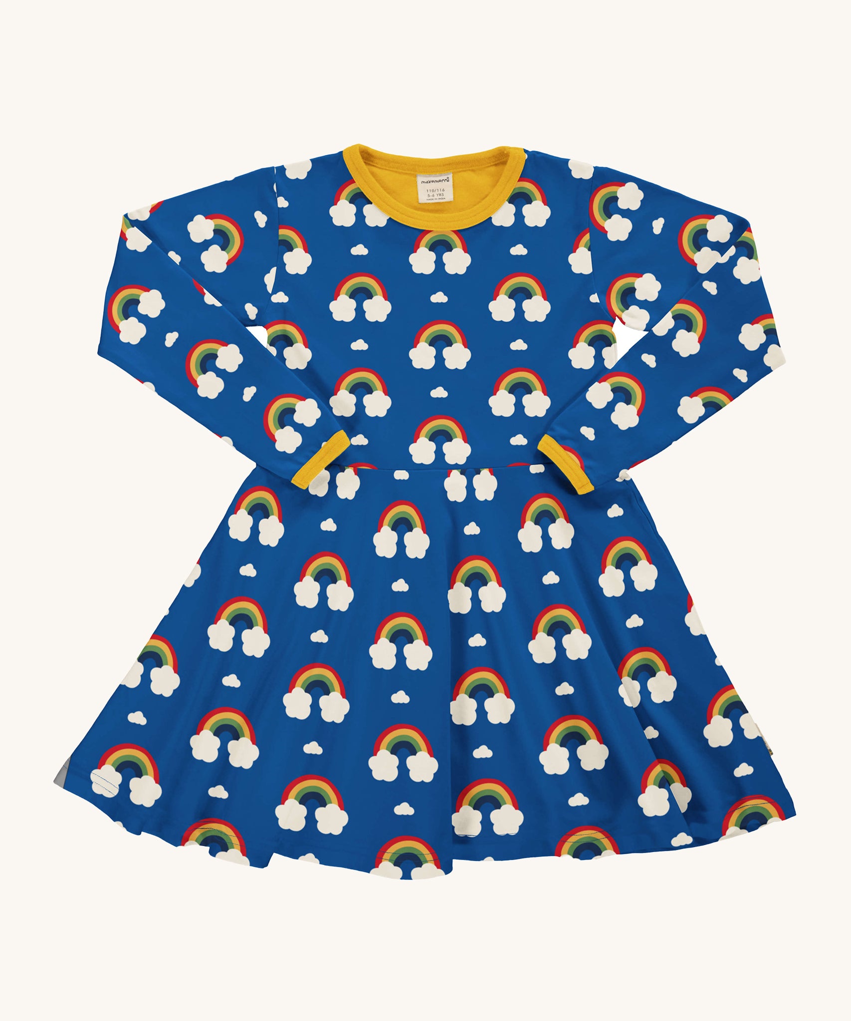 Maxomorra Organic Cotton Rainbow Long Sleeve Circle Dress in blue fabric and colourful rainbow print, with yellow piping