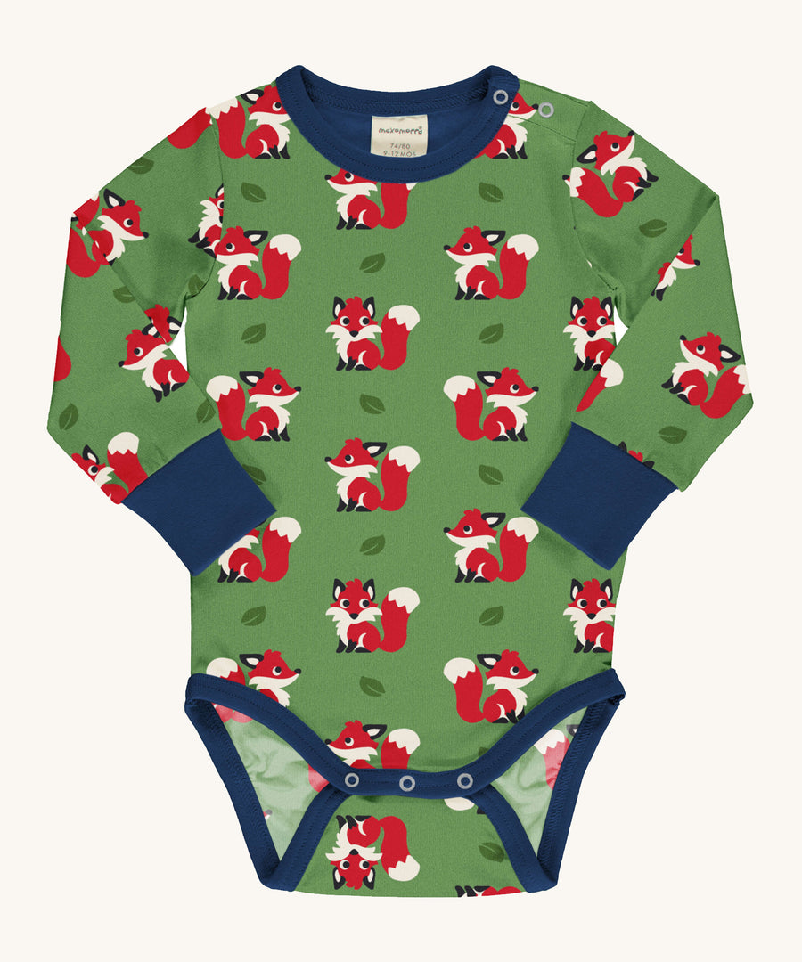 Maxomorra Organic Cotton Fox Long Sleeve Bodysuit in geen fabric with a fox print, navy piping, navy wrist cuffs and a navy inner