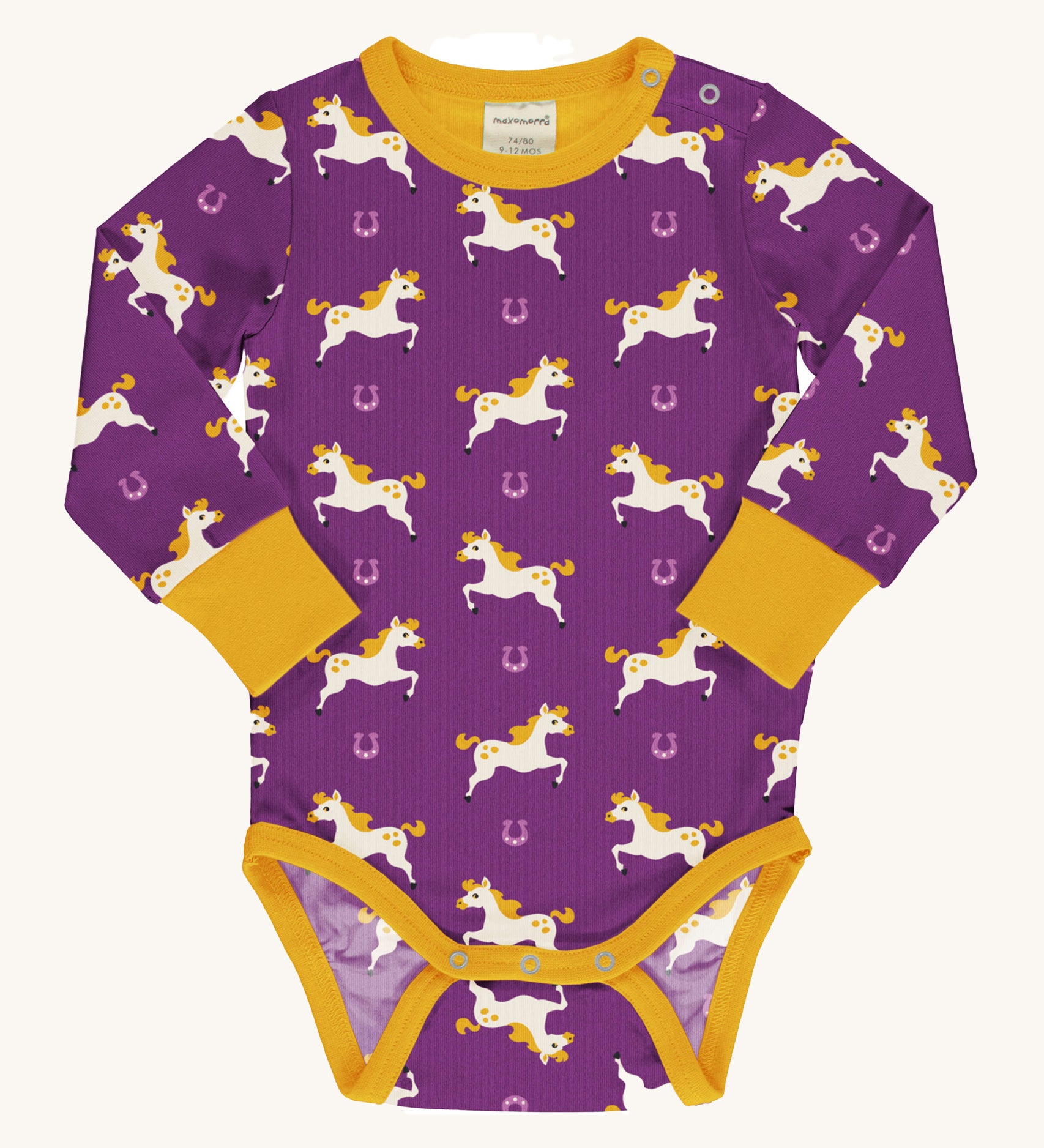 Maxomorra Organic Cotton Horse Long Sleeve Bodysuitin purple fabric with cream horse print, yellow piping, yellow wrist cuffs and a yellow inner