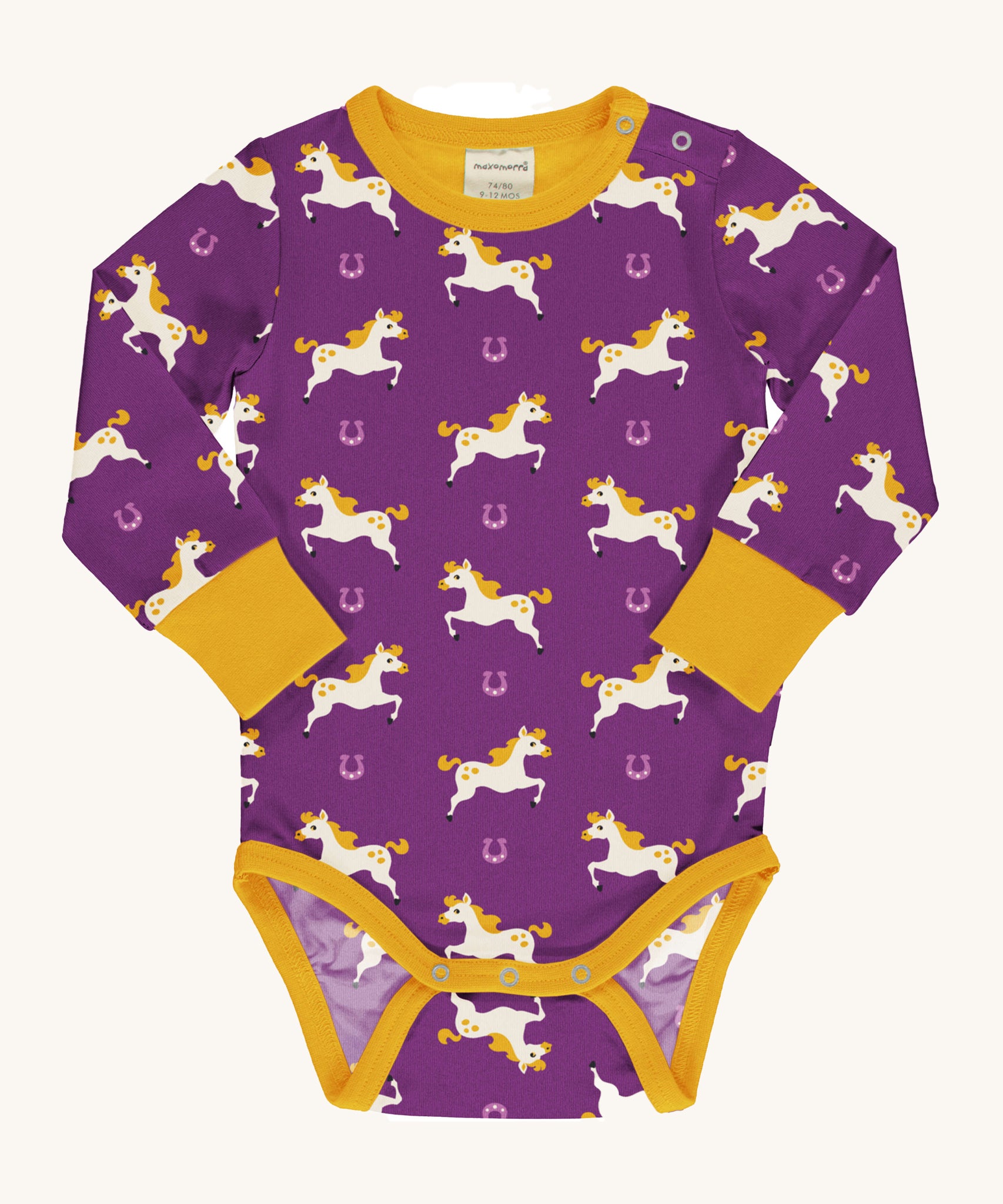 Maxomorra Organic Cotton Horse Long Sleeve Bodysuitin purple fabric with cream horse print, yellow piping, yellow wrist cuffs and a yellow inner