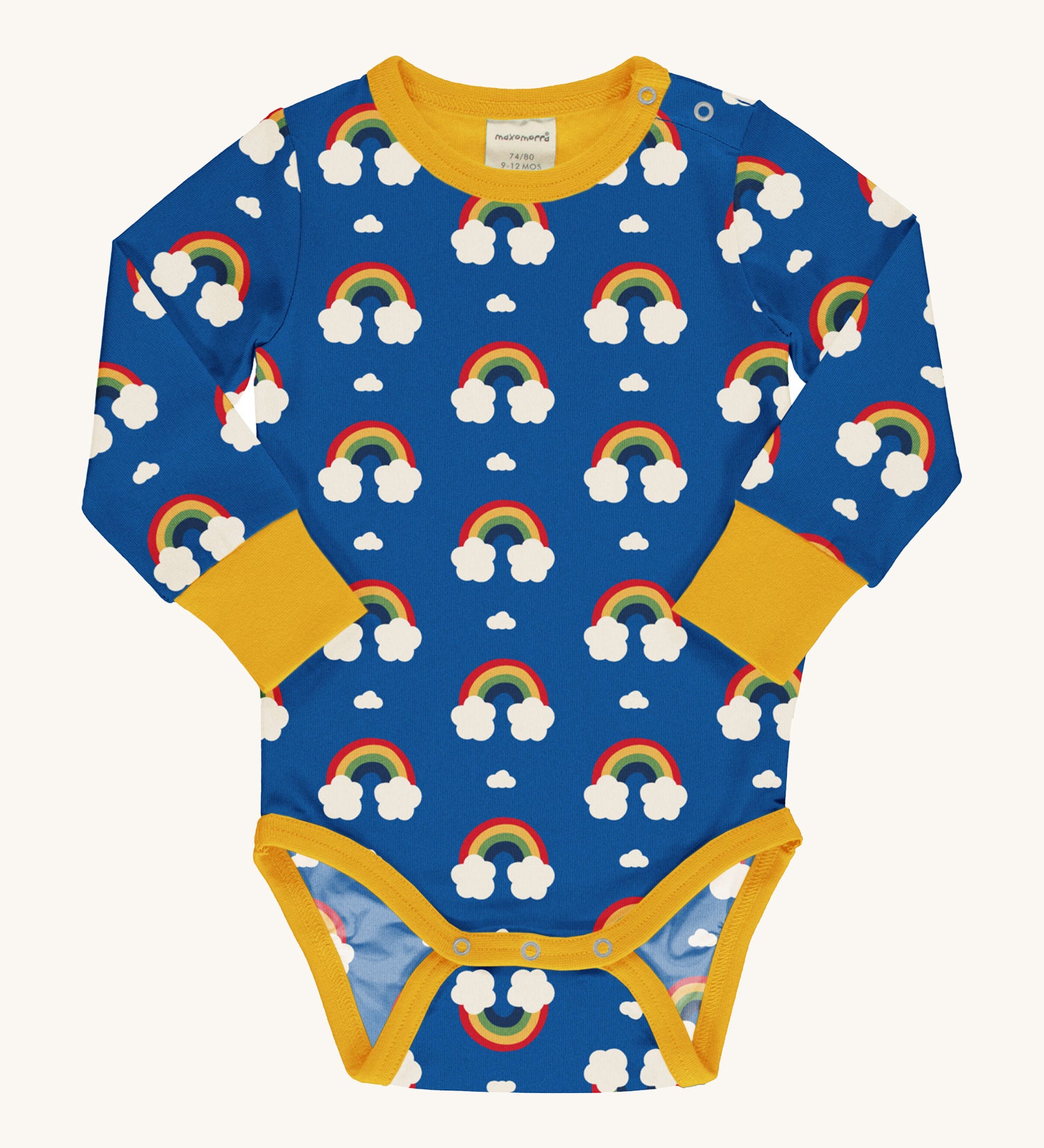 Maxomorra Organic Cotton Rainbow Long Sleeve Bodysuit in blue fabric with a colourful rainbow print, yellow piping, yellow wrist cuffs and a yellow inner