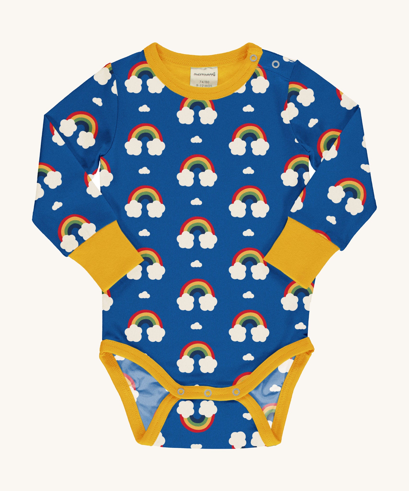 Maxomorra Organic Cotton Rainbow Long Sleeve Bodysuit in blue fabric with a colourful rainbow print, yellow piping, yellow wrist cuffs and a yellow inner