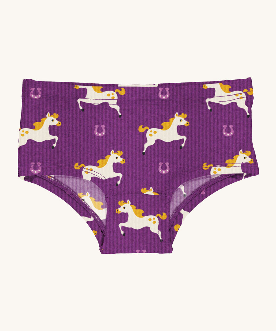 Maxomorra Organic Cotton Horse Hipster Briefs in purple fabric and cream horse print