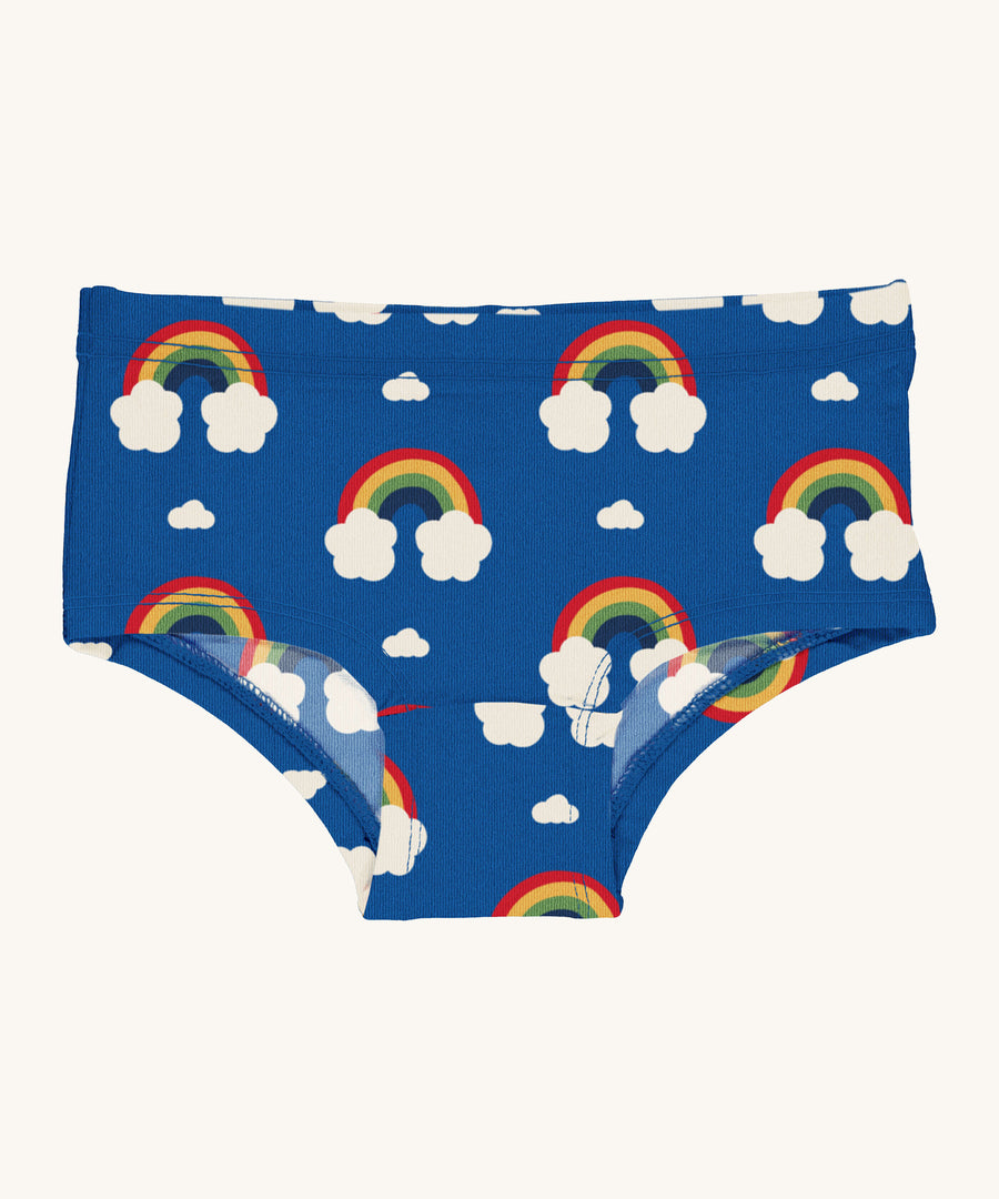 Maxomorra Organic Cotton Rainbow Hipster Briefs in blue fabric and colourful rainbow print