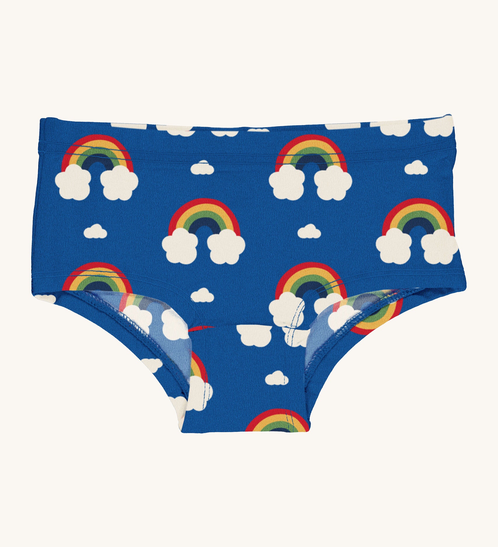 Maxomorra Organic Cotton Rainbow Hipster Briefs in blue fabric and colourful rainbow print