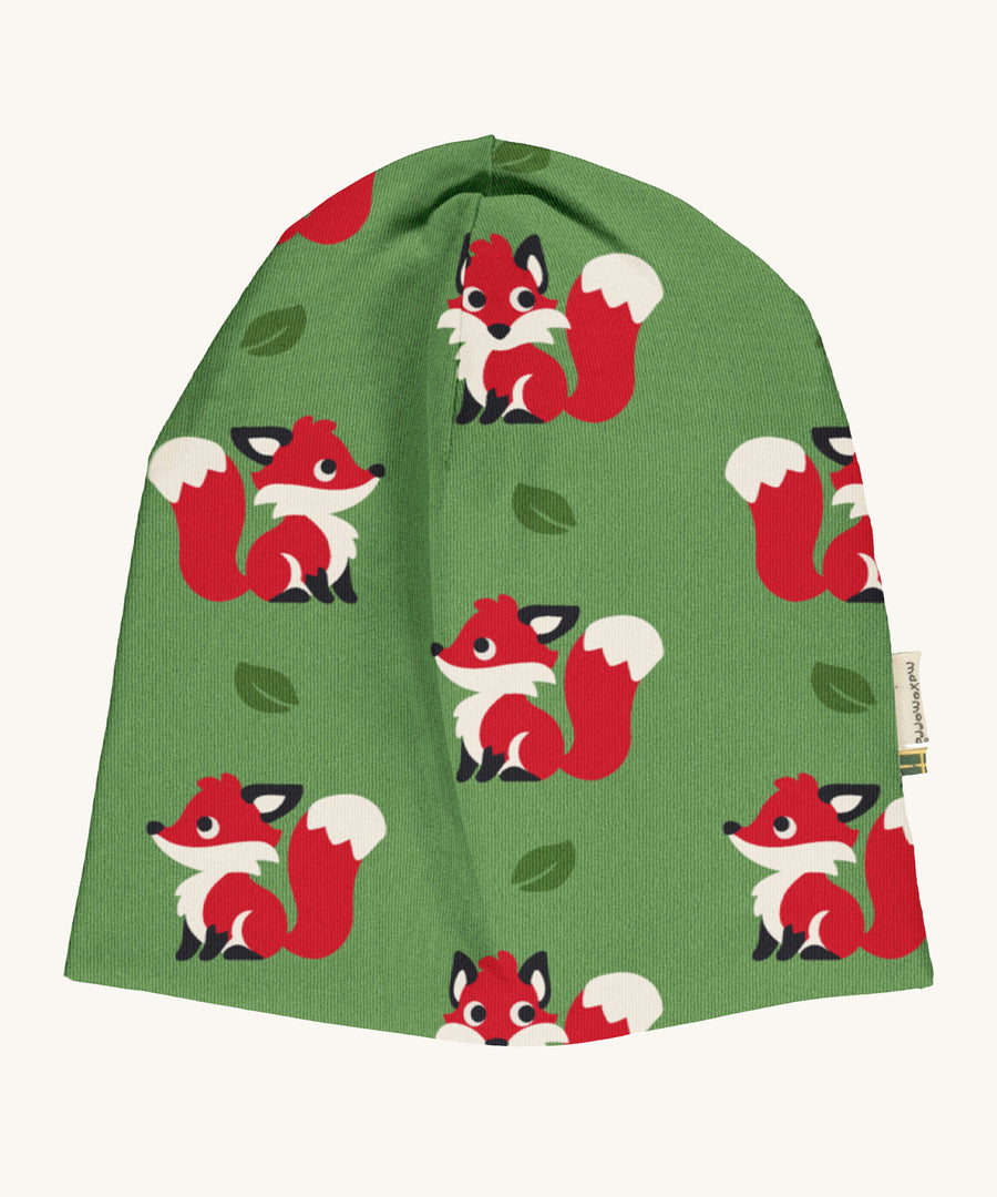 Maxomorra Fox Organic Cotton Sweat Hat in green fabric with fox print