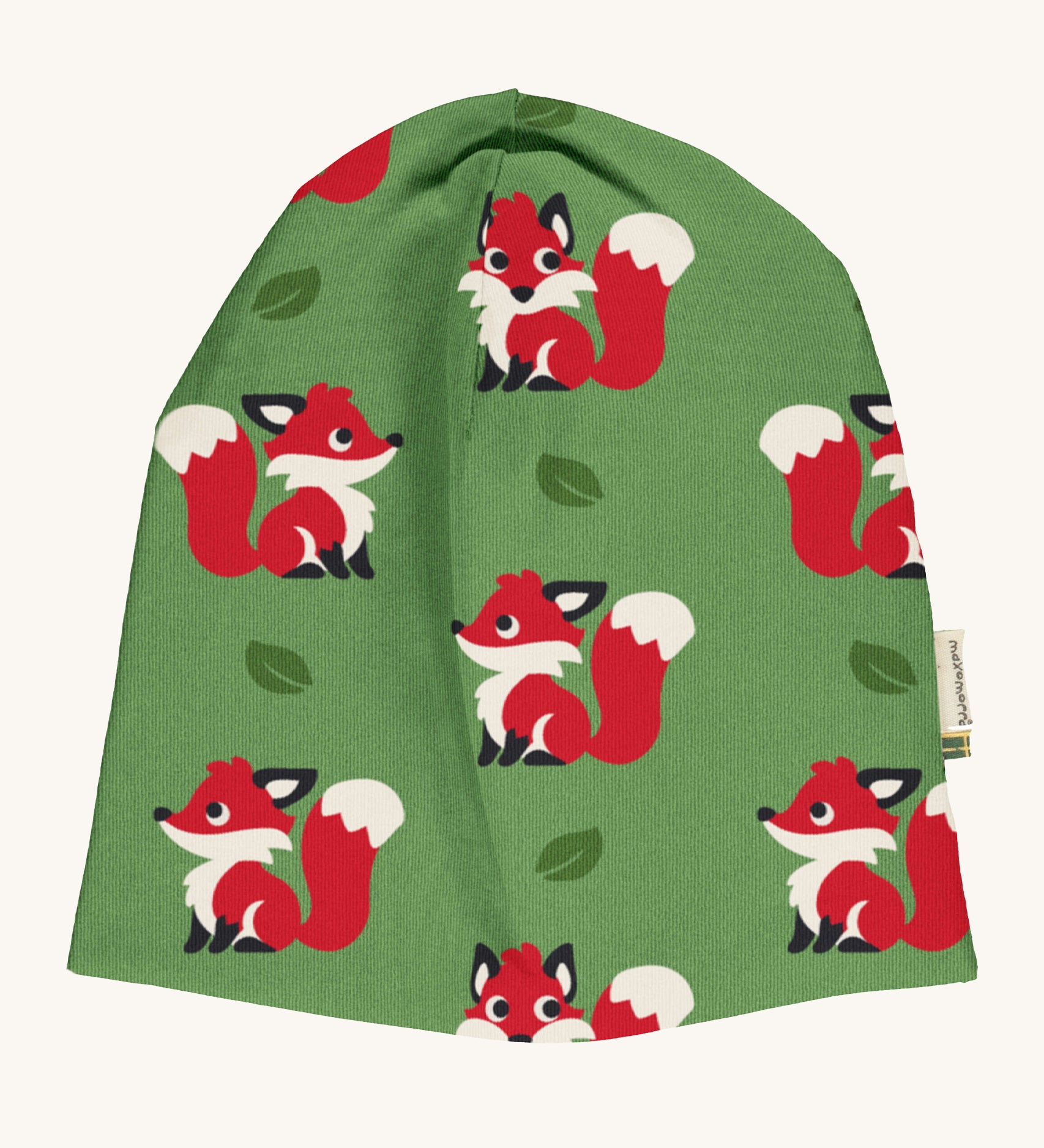 Maxomorra Fox Organic Cotton Sweat Hat in green fabric with fox print