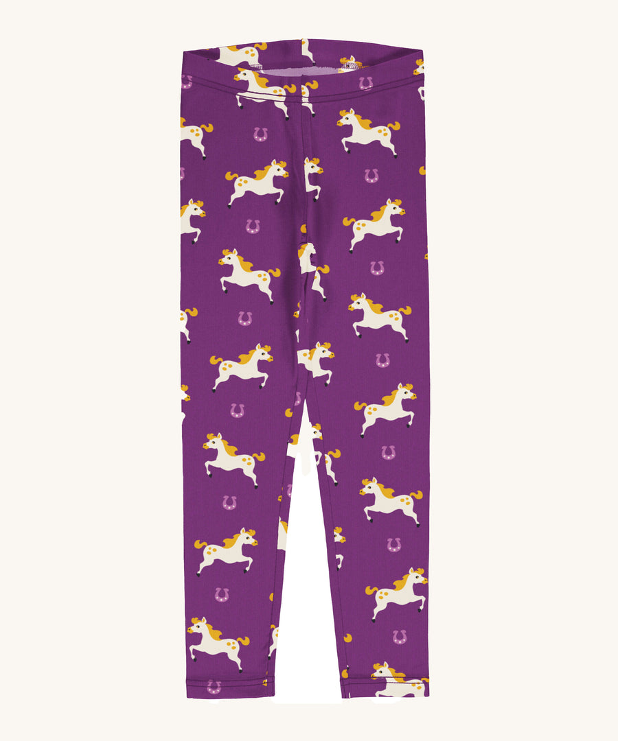 Maxomorra Organic Cotton Horse Leggings in purple fabric with a cream horse print