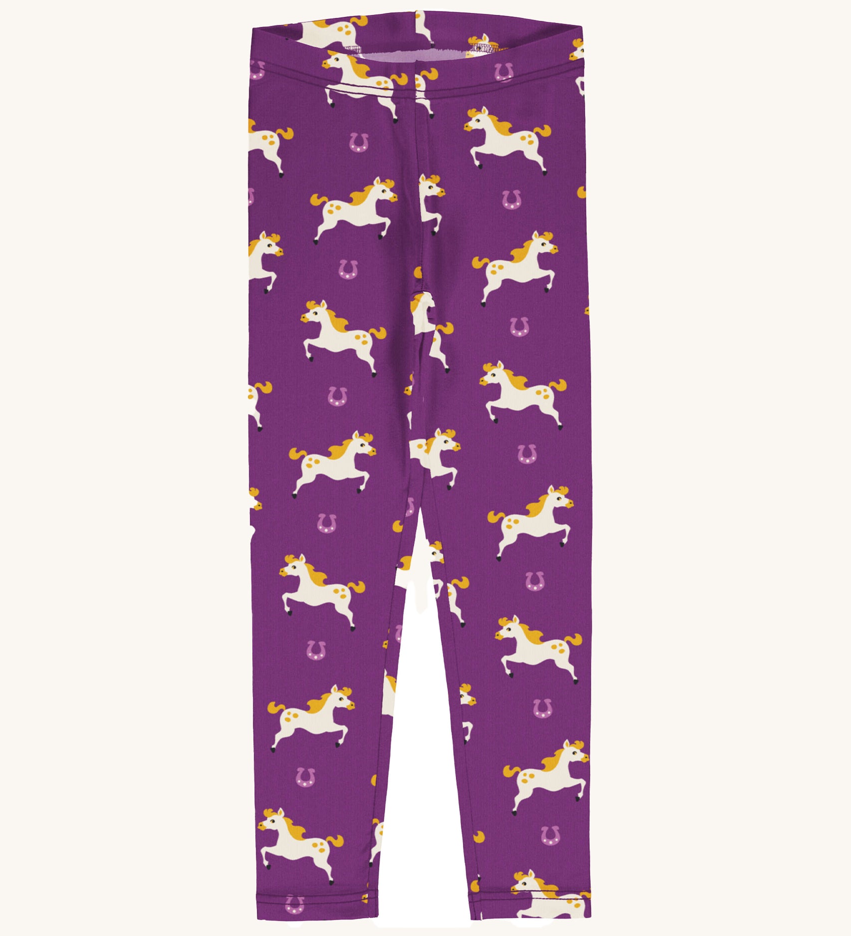 Maxomorra Organic Cotton Horse Leggings in purple fabric with a cream horse print