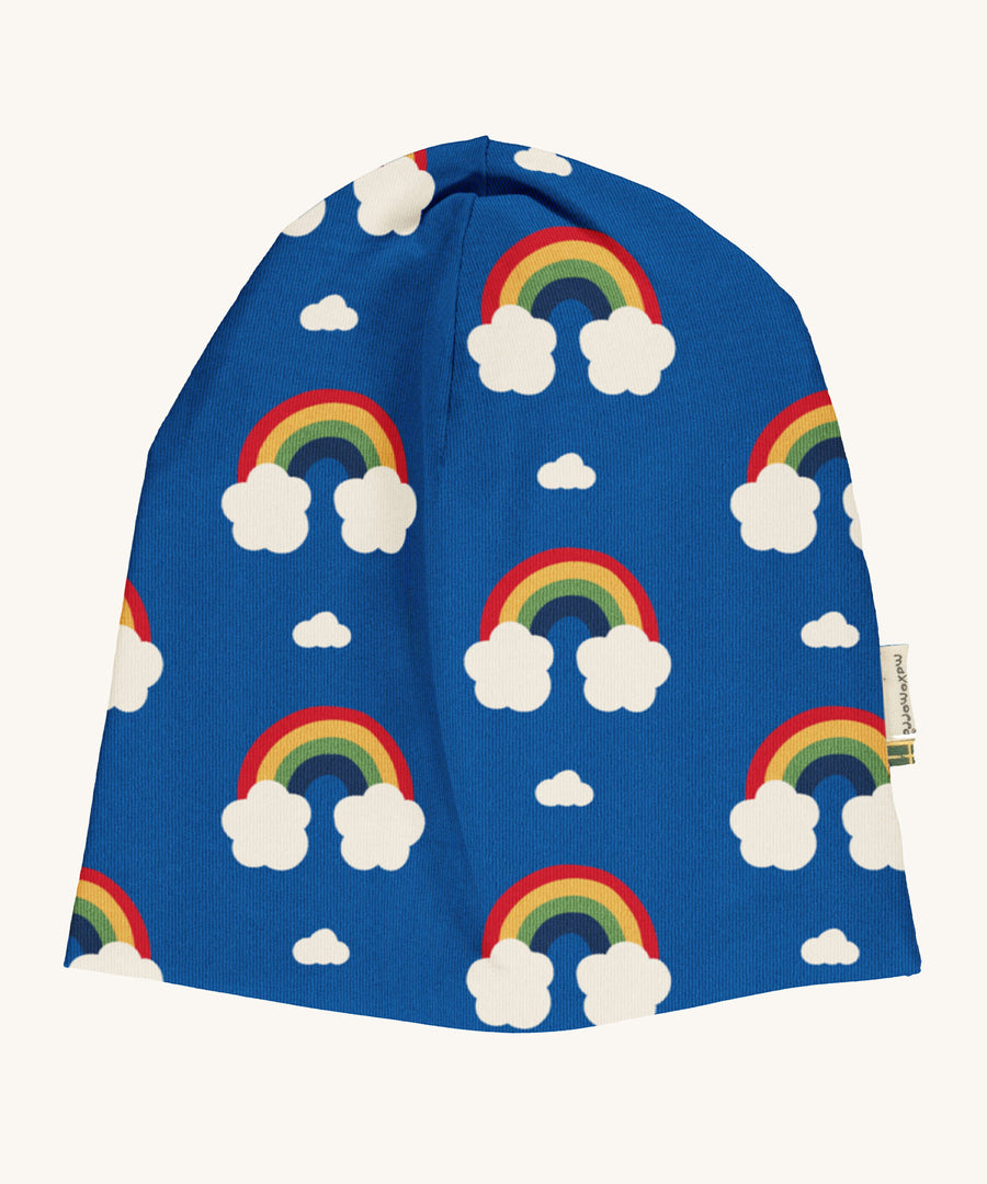 Maxomorra Organic Cotton Rainbow Sweat Hat in blue fabric and colourful rainbow print