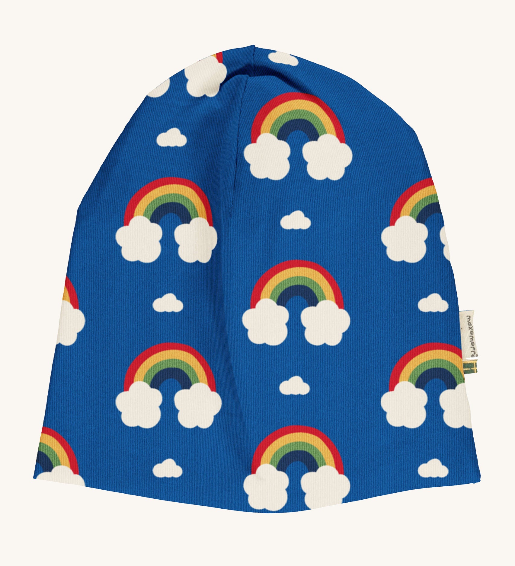 Maxomorra Organic Cotton Rainbow Sweat Hat in blue fabric and colourful rainbow print