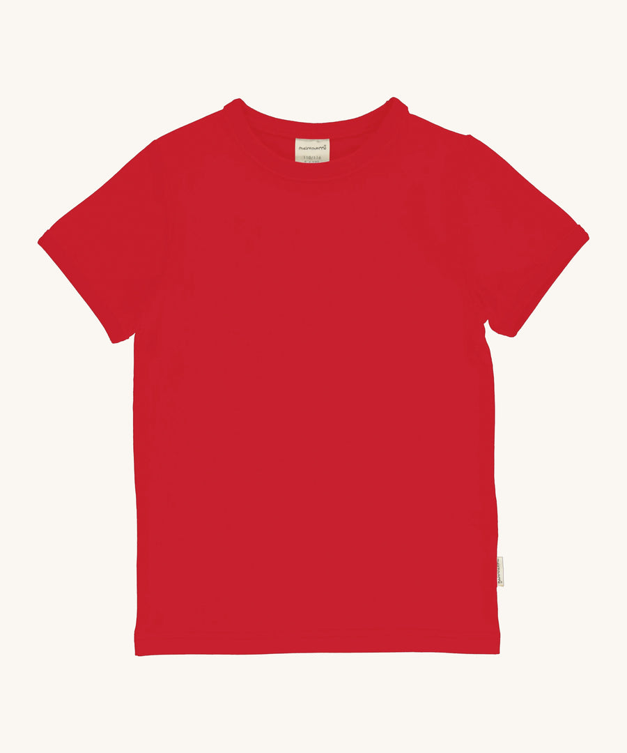 Maxomorra Red Short Sleeve Top is made from GOTS organic cotton and is in a solid red colour, on a cream background