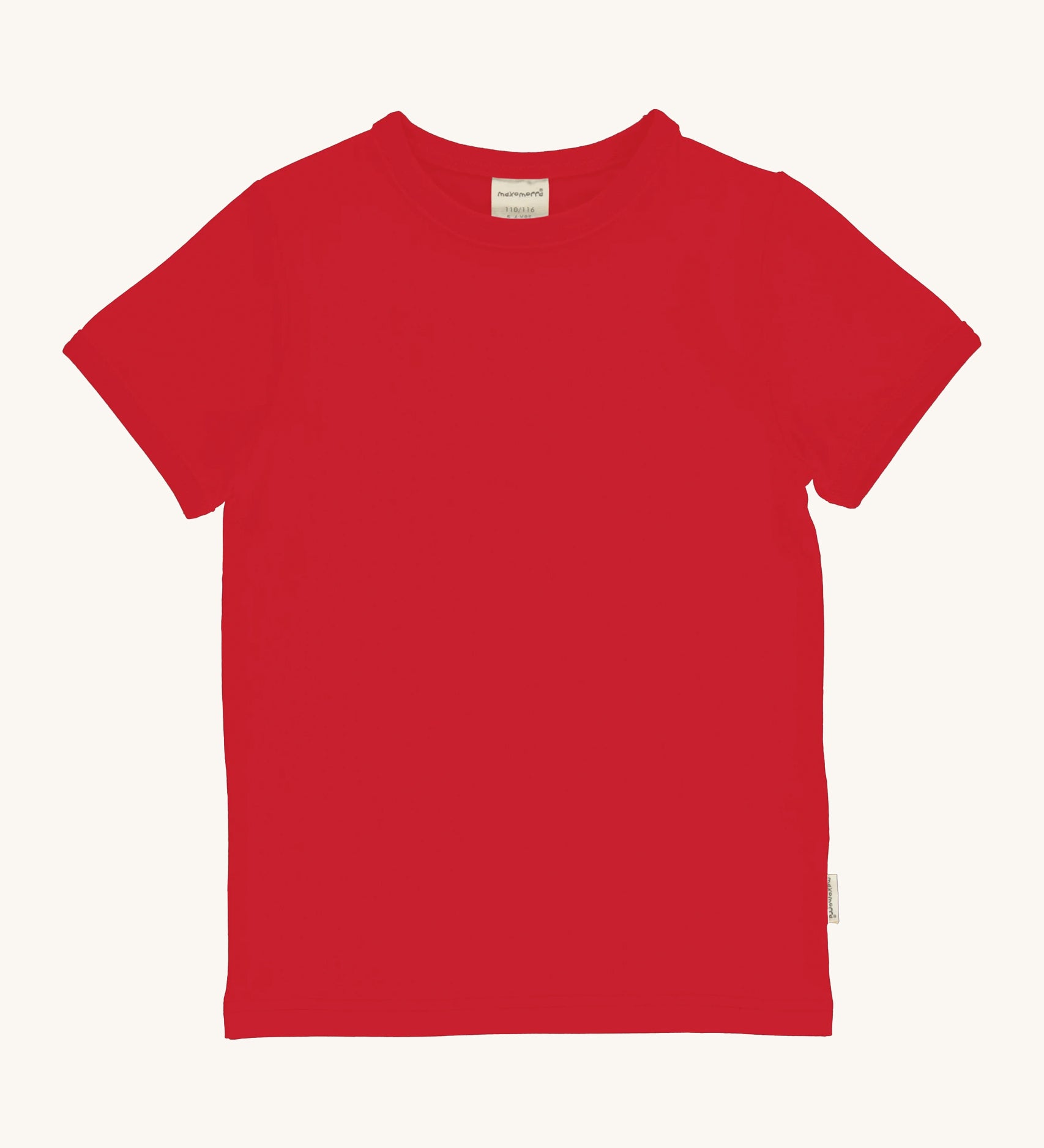 Maxomorra Red Short Sleeve Top is made from GOTS organic cotton and is in a solid red colour, on a cream background