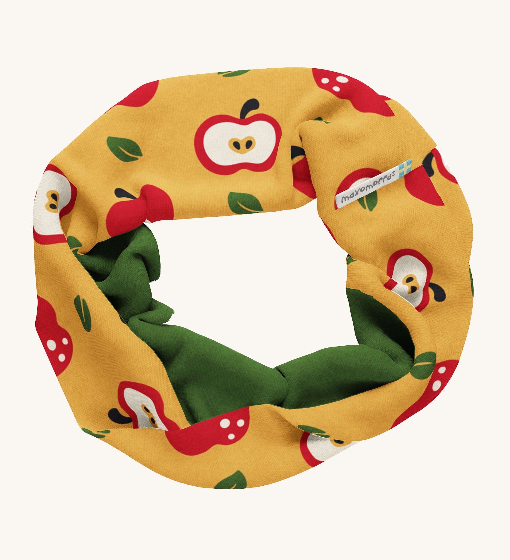 Maxomorra Organic Cotton Apple Sweat Tube Scarf, in mustard fabric with red apples and a green inner