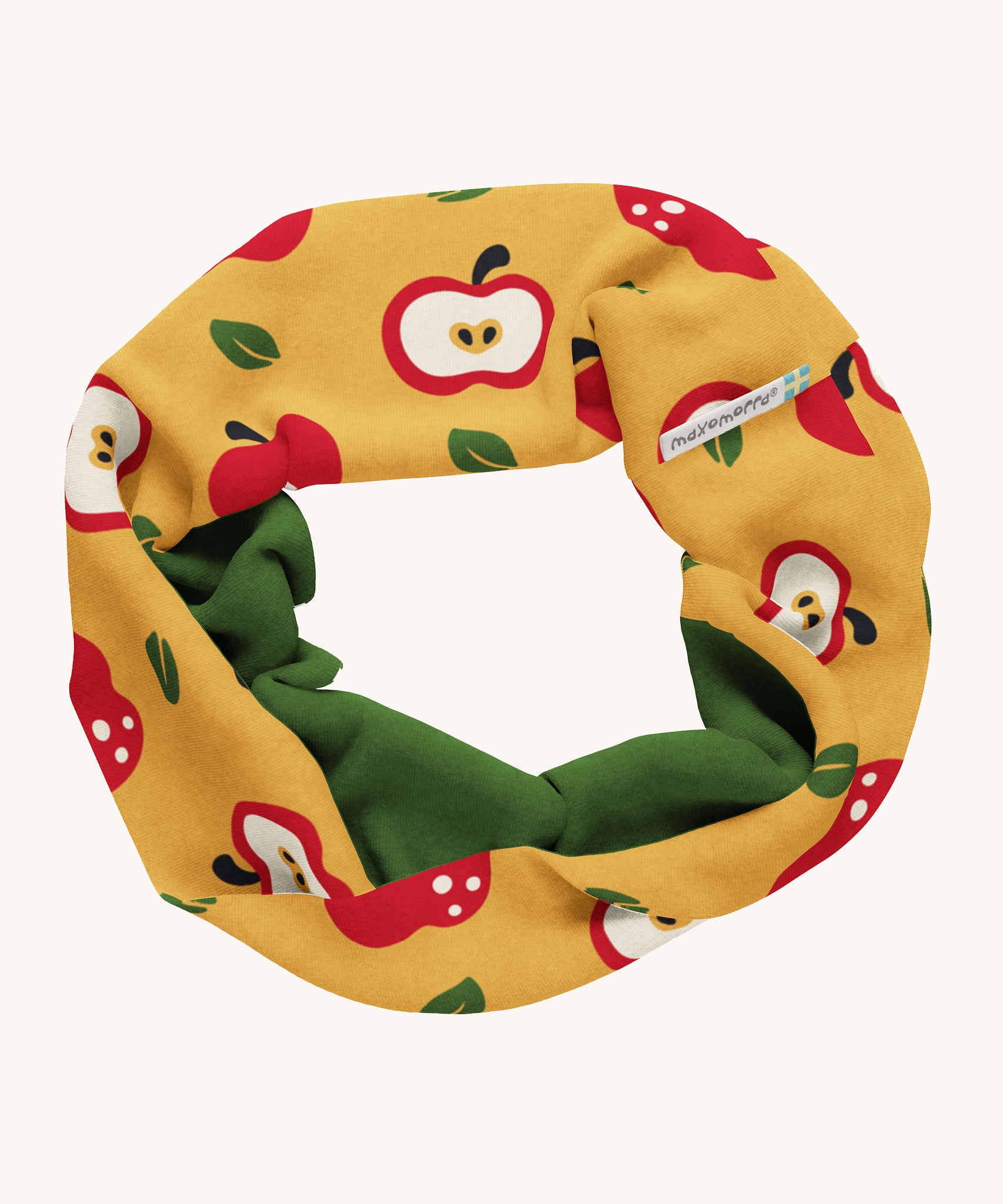 Maxomorra Organic Cotton Apple Sweat Tube Scarf, in mustard fabric with red apples and a green inner