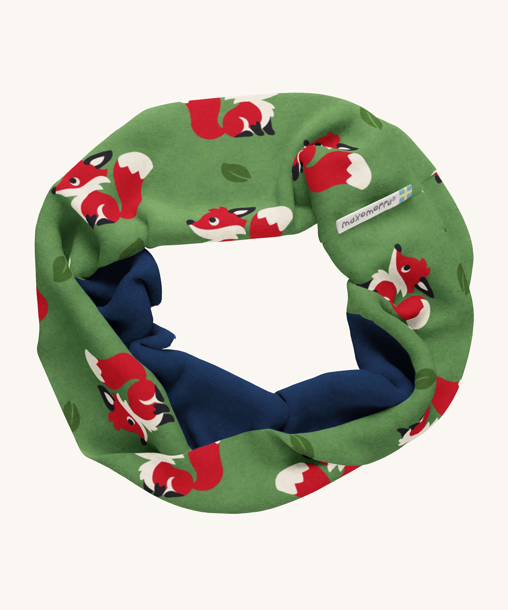 Maxomorra Organic Cotton Fox Sweat Tube Scarf, in green fabric with fox print and a navy inner