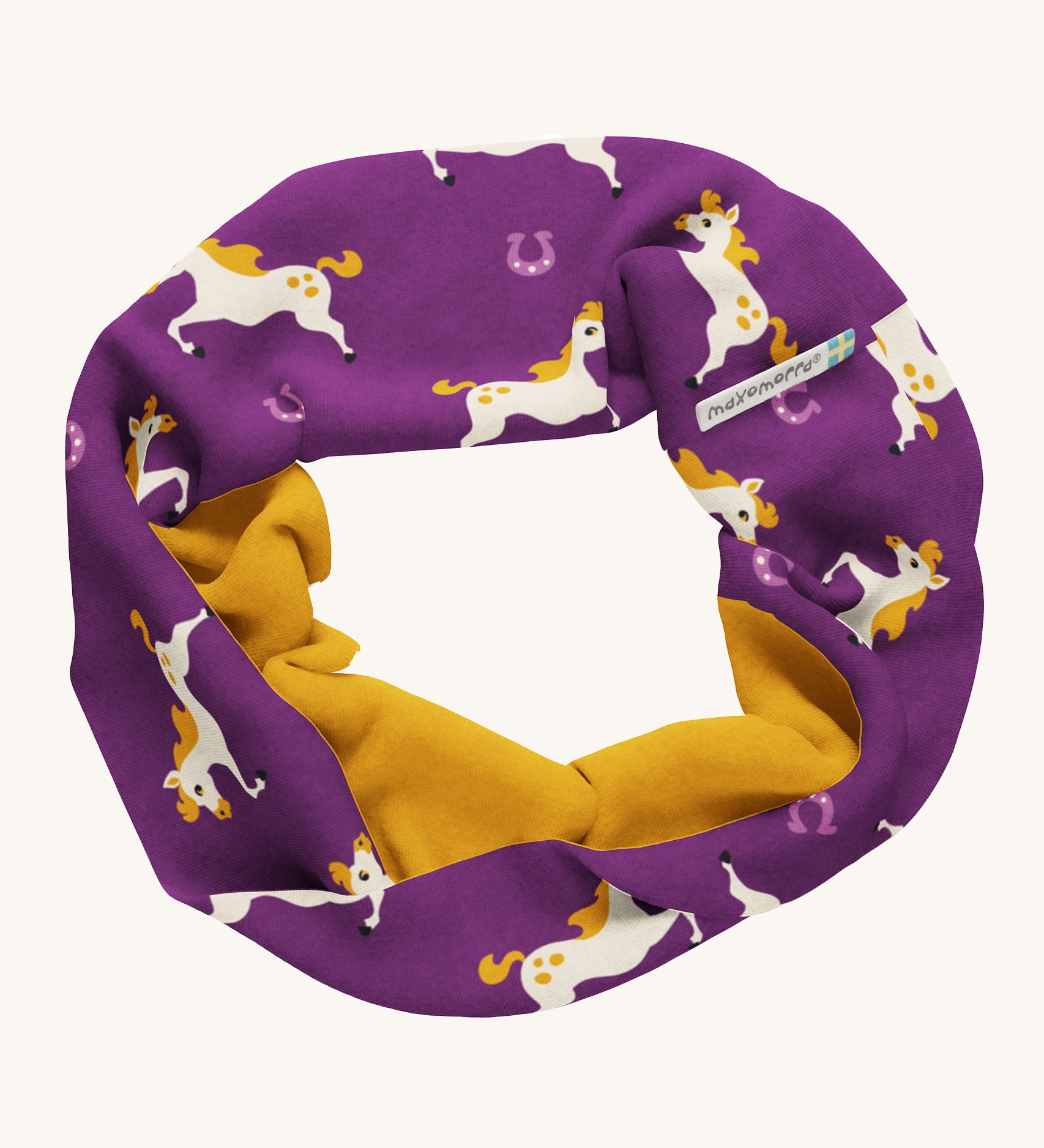 Maxomorra Organic Cotton Horse Sweat Tube Scarf, in purple fabric with white horses and a mustard yellow inner