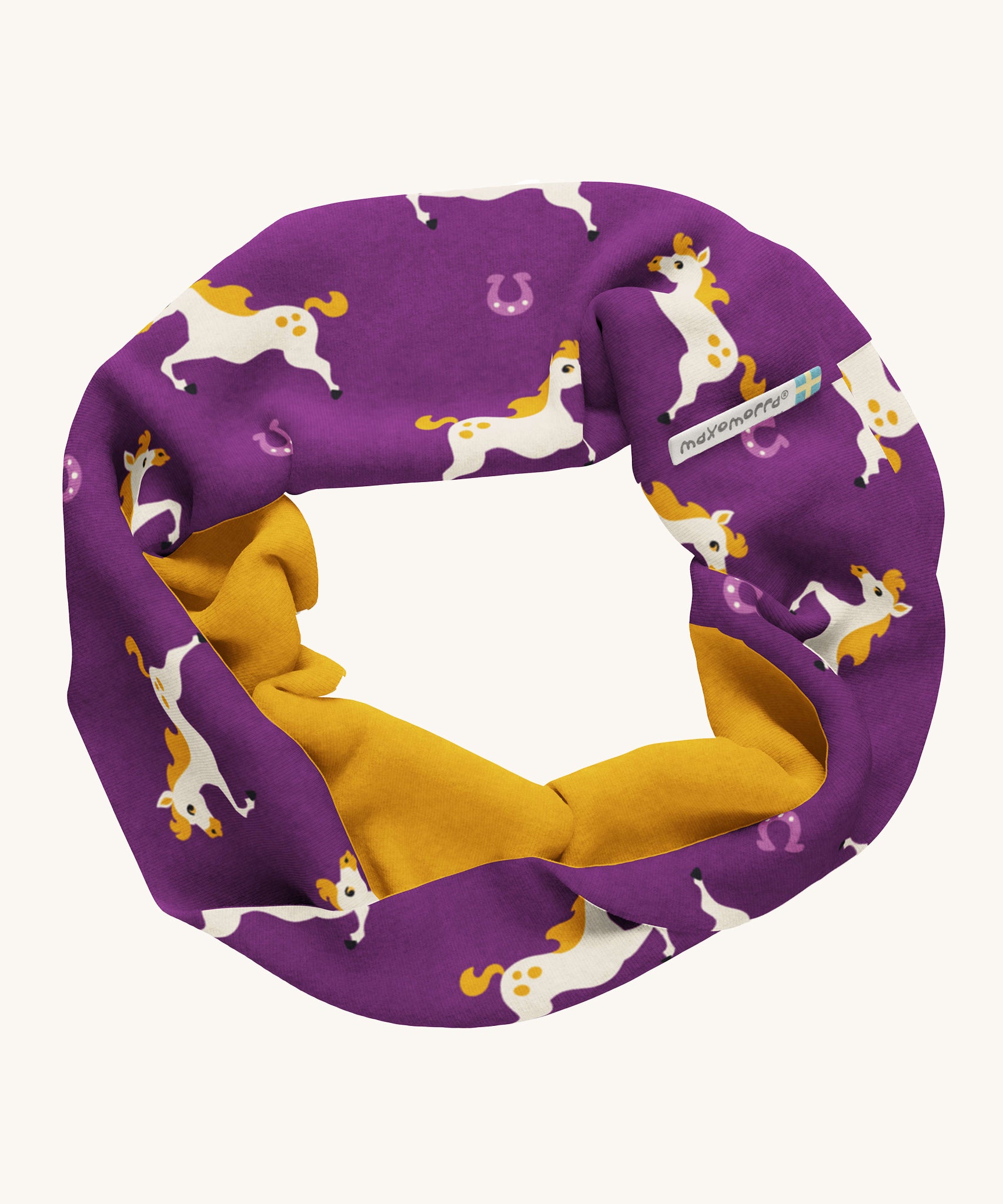 Maxomorra Organic Cotton Horse Sweat Tube Scarf, in purple fabric with white horses and a mustard yellow inner