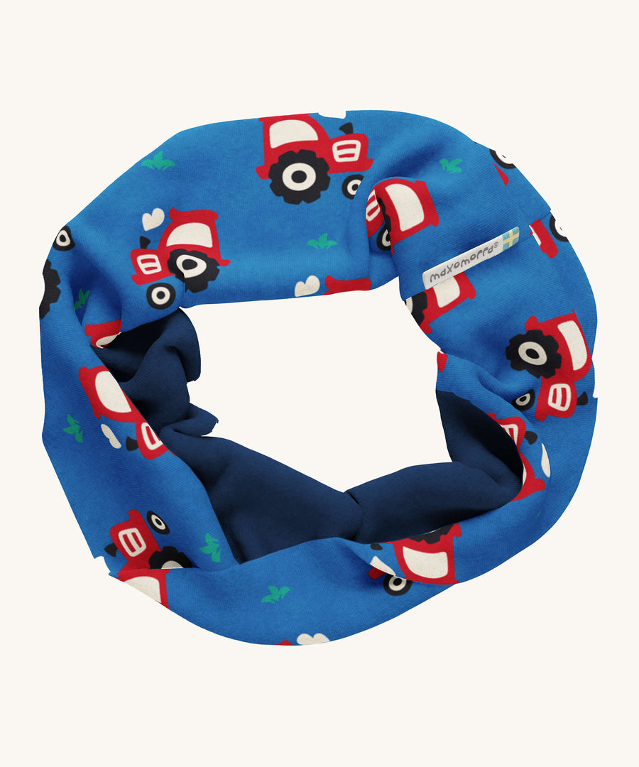 Maxomorra Organic Cotton Tractor Sweat Tube Scarf, in blue fabric with red tractor print and a navy inner