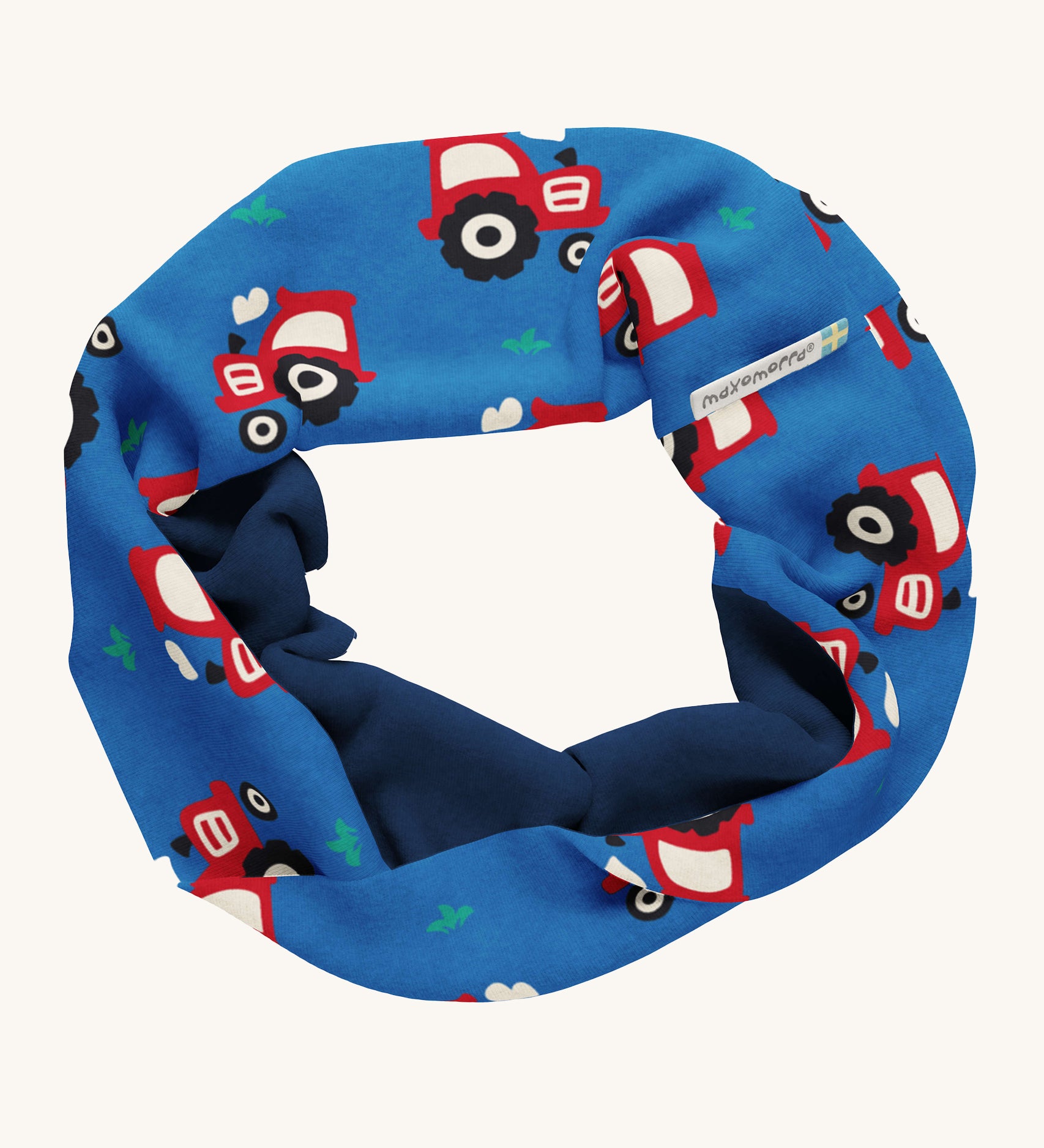 Maxomorra Organic Cotton Tractor Sweat Tube Scarf, in blue fabric with red tractor print and a navy inner