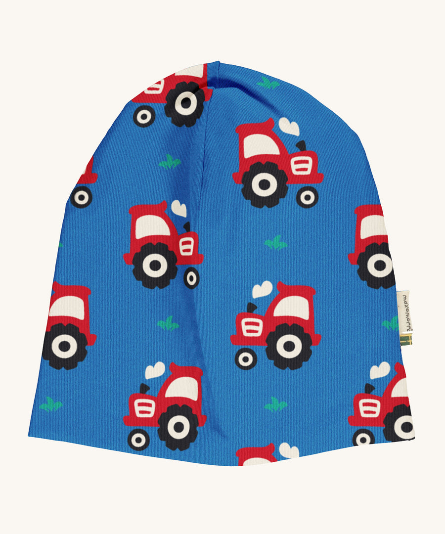 Maxomorra Organic Cotton Tractor Sweat Hat in blue fabric, with a red tractor print