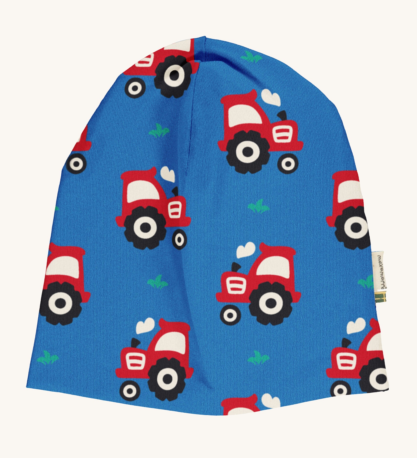 Maxomorra Organic Cotton Tractor Sweat Hat in blue fabric, with a red tractor print