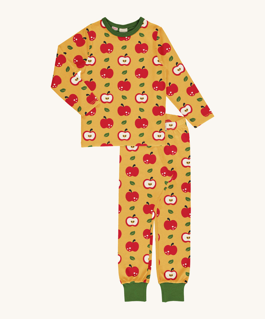 Maxomorra Organic Cotton Apple Long Sleeve Pyjama Set in mustard yellow fabric with red apple print, and green ankle cuffs