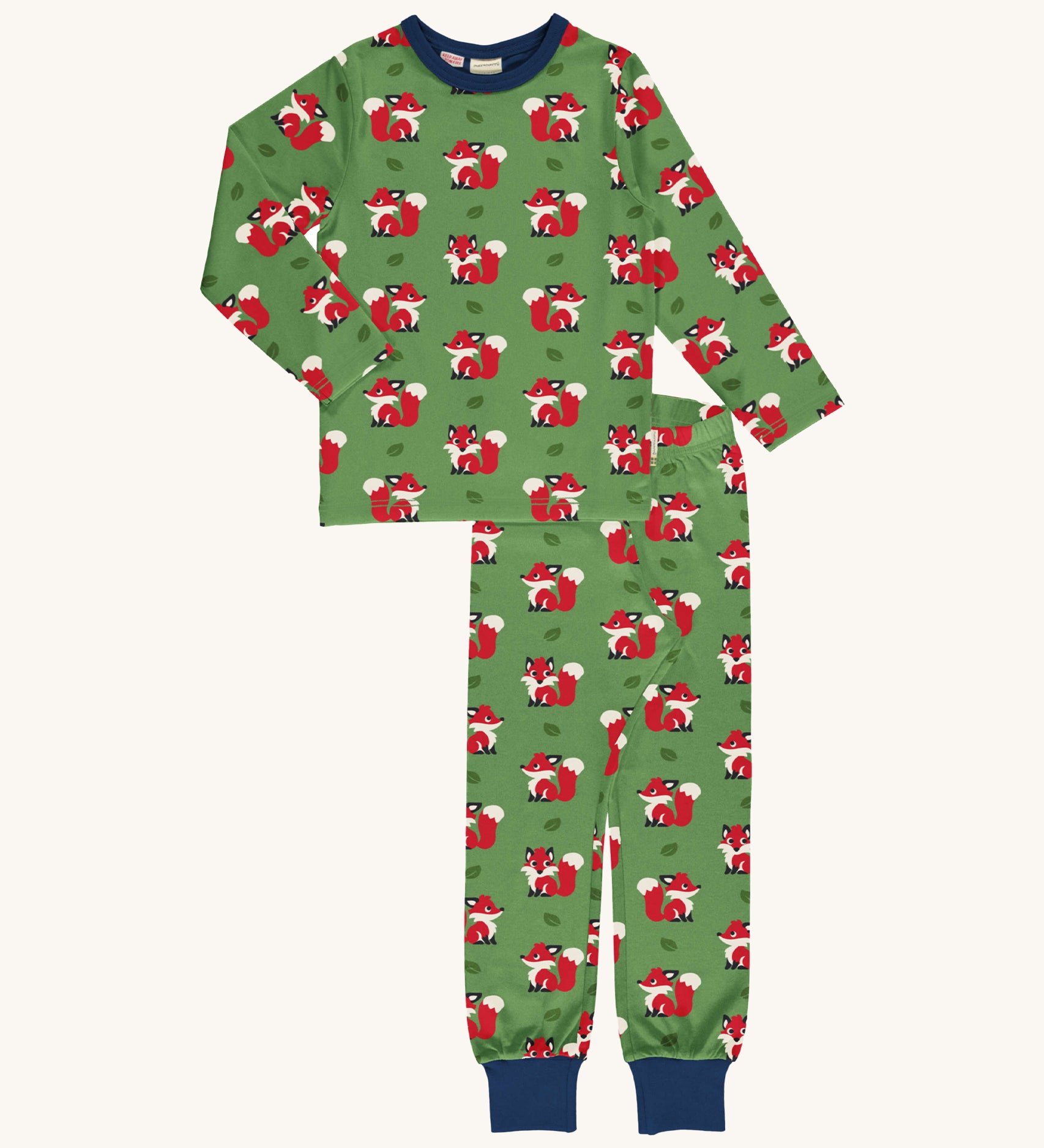 Maxomorra Organic Cotton Fox Long Sleeve Pyjama Set in green fabric with a fox print and navy ankle cuffs