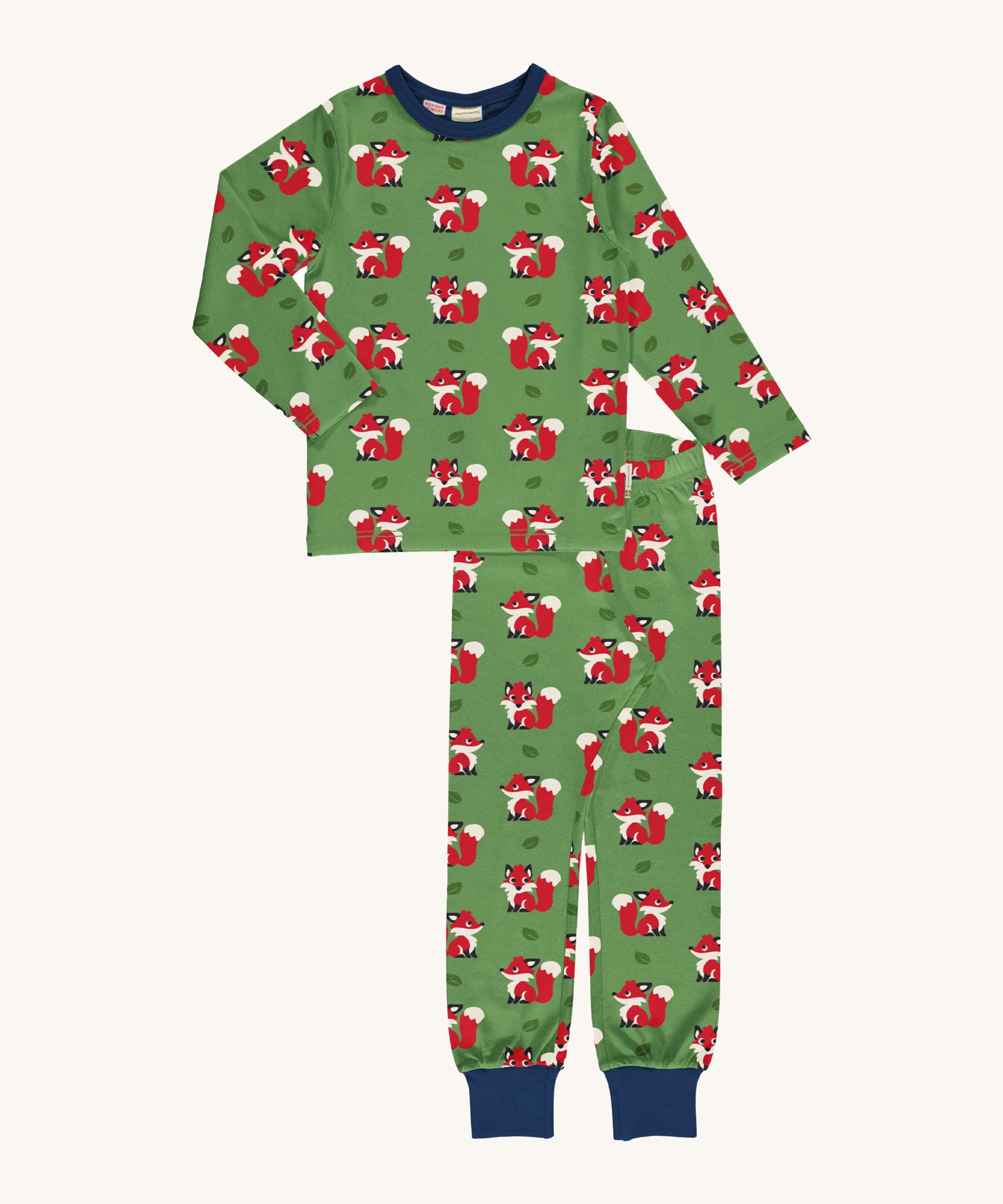 Maxomorra Organic Cotton Fox Long Sleeve Pyjama Set in green fabric with a fox print and navy ankle cuffs