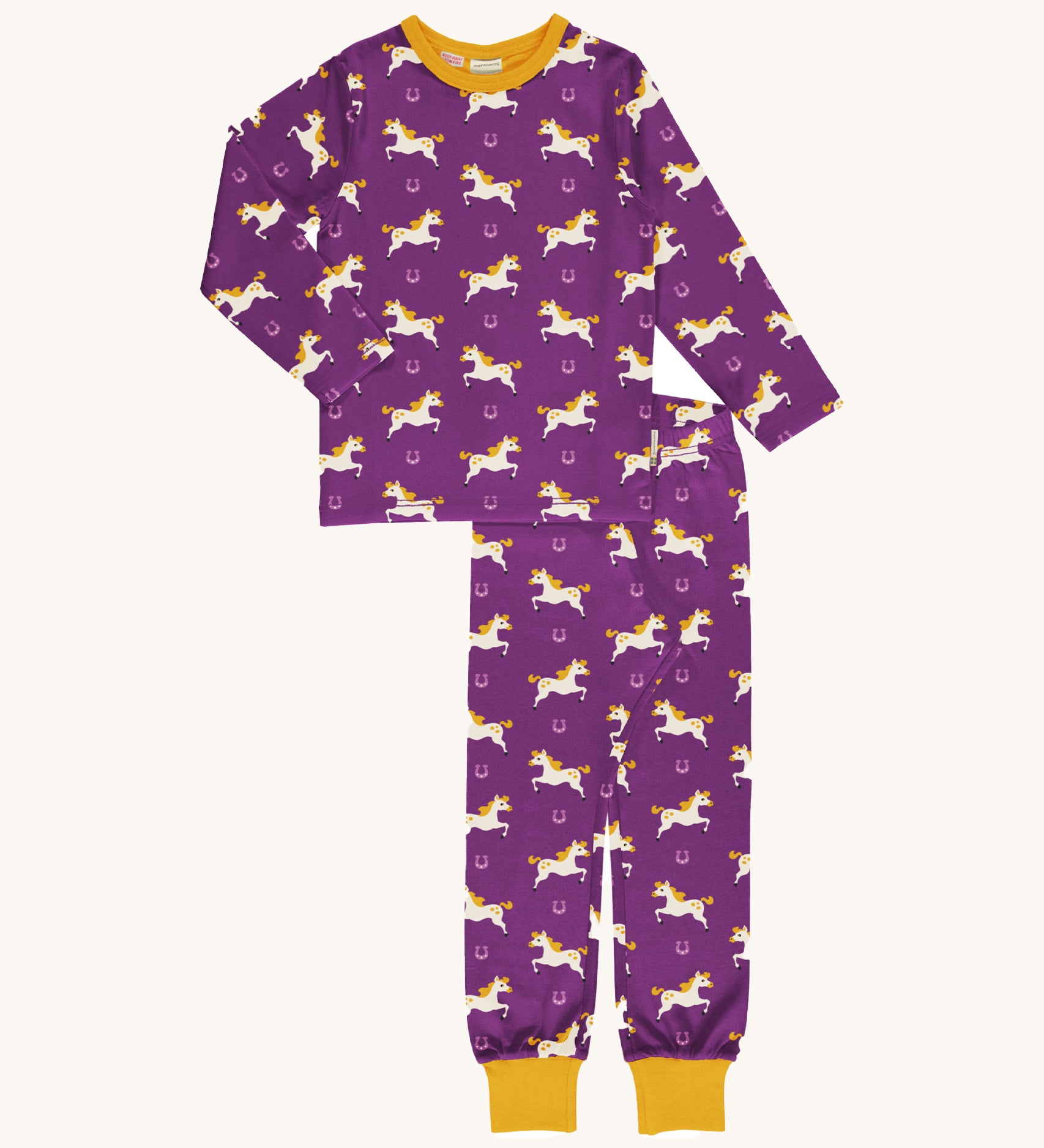 Maxomorra Organic Cotton Horse Long Sleeve Pyjama Set in purple fabric, with cream horse print and yellow ankle cuffs