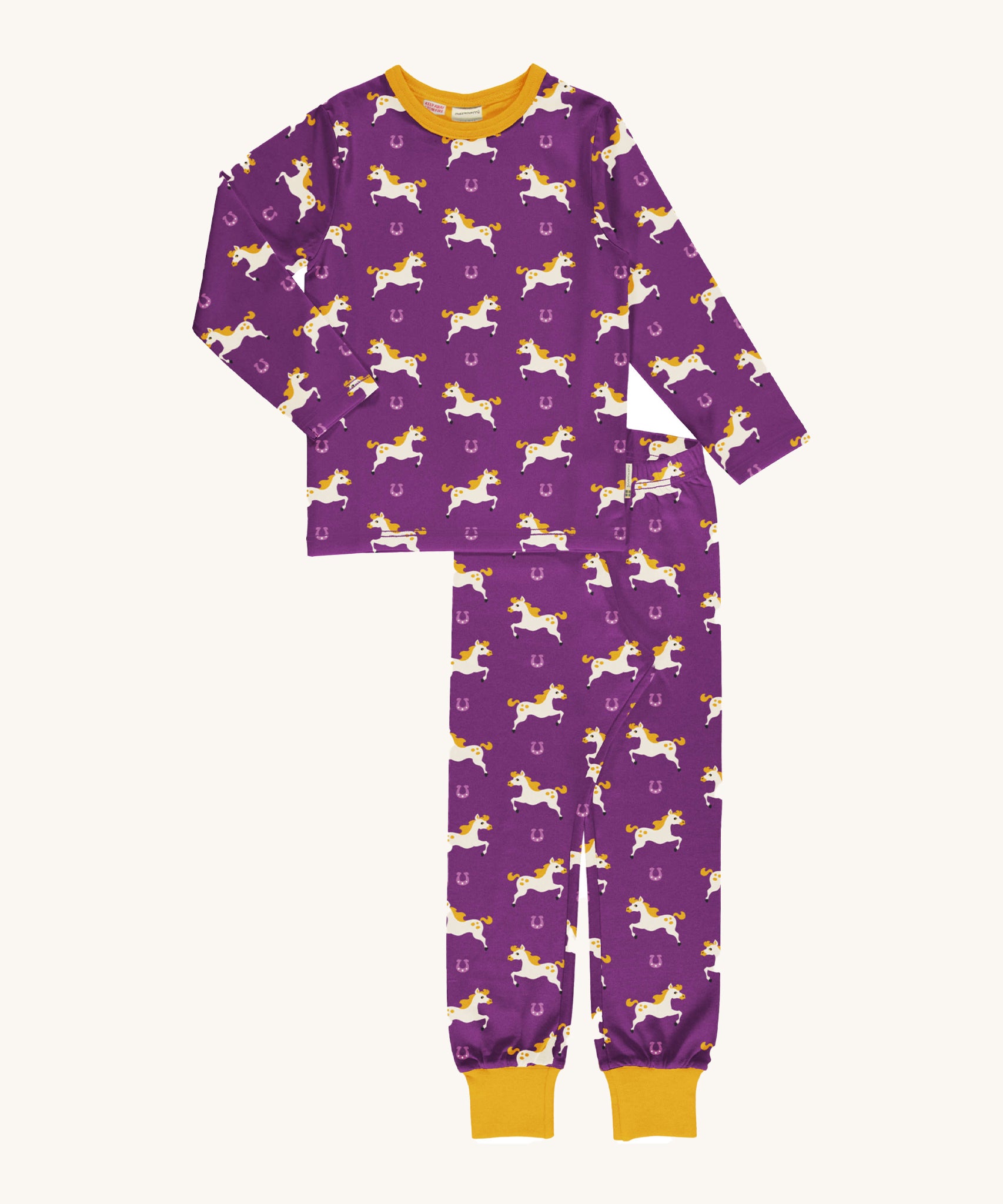 Maxomorra Organic Cotton Horse Long Sleeve Pyjama Set in purple fabric, with cream horse print and yellow ankle cuffs