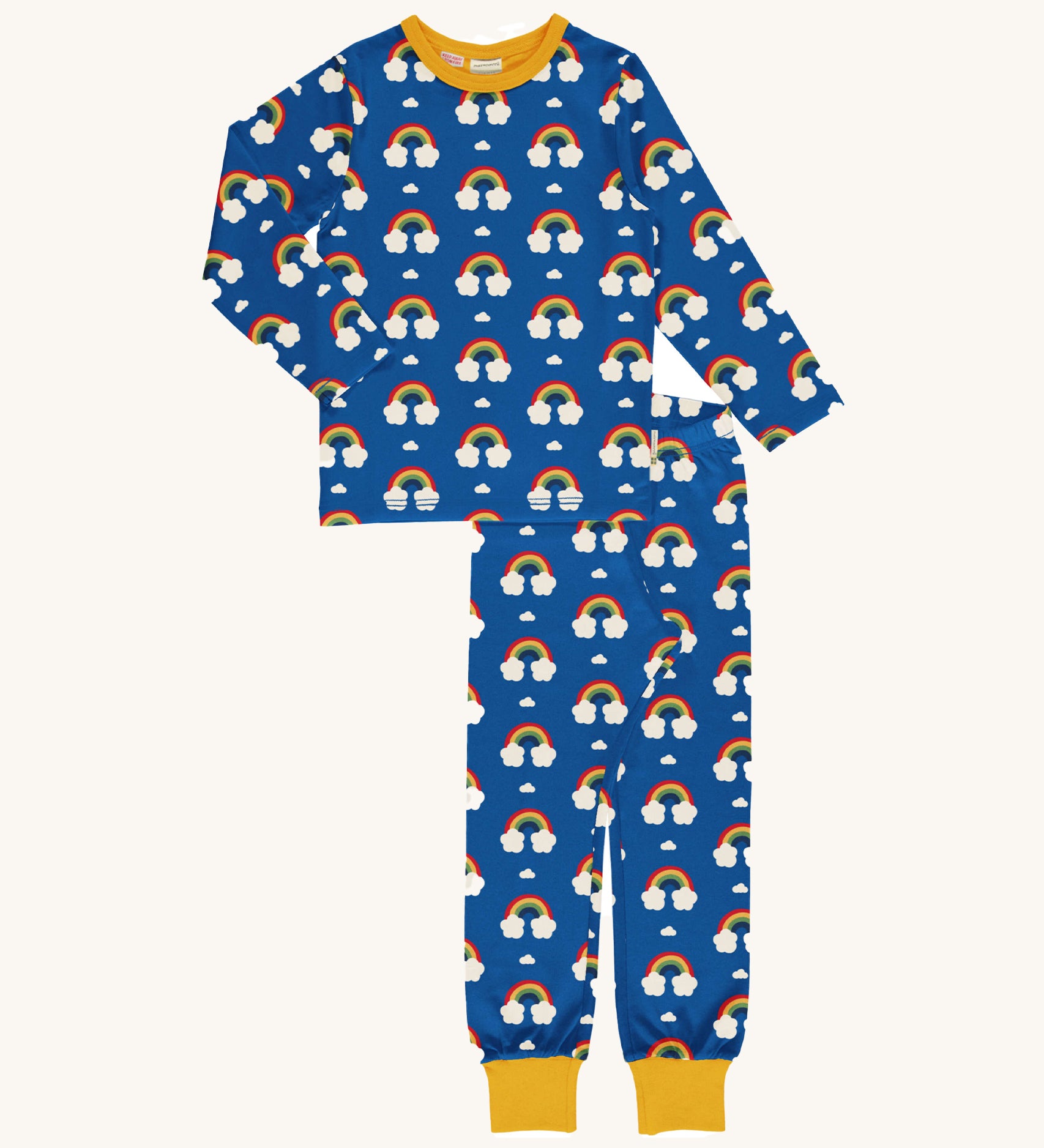 Maxomorra Organic Cotton Rainbow Long Sleeve Pyjama Set in blue fabric with colourful rainbow print and yellow ankle cuffs