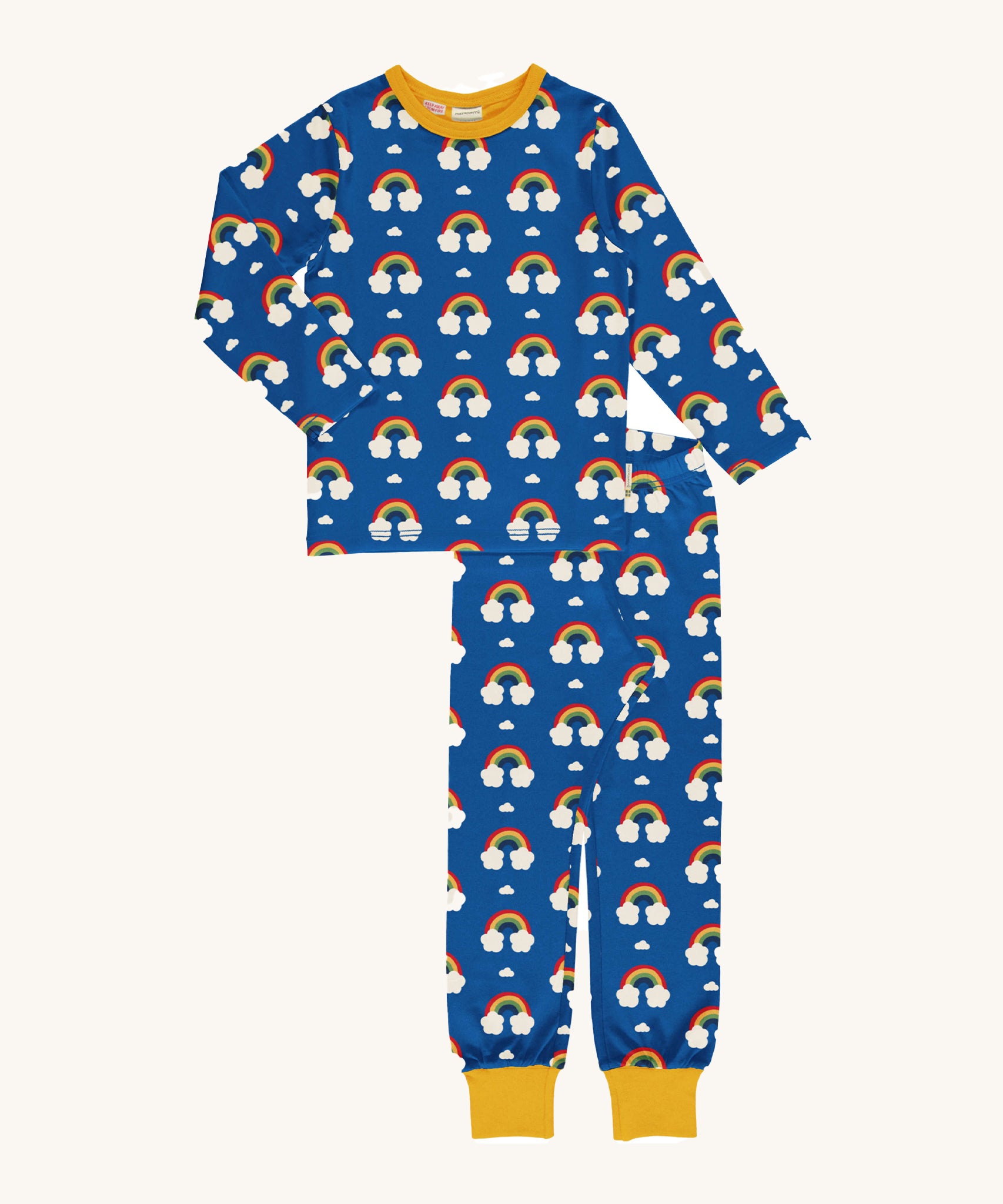 Maxomorra Organic Cotton Rainbow Long Sleeve Pyjama Set in blue fabric with colourful rainbow print and yellow ankle cuffs