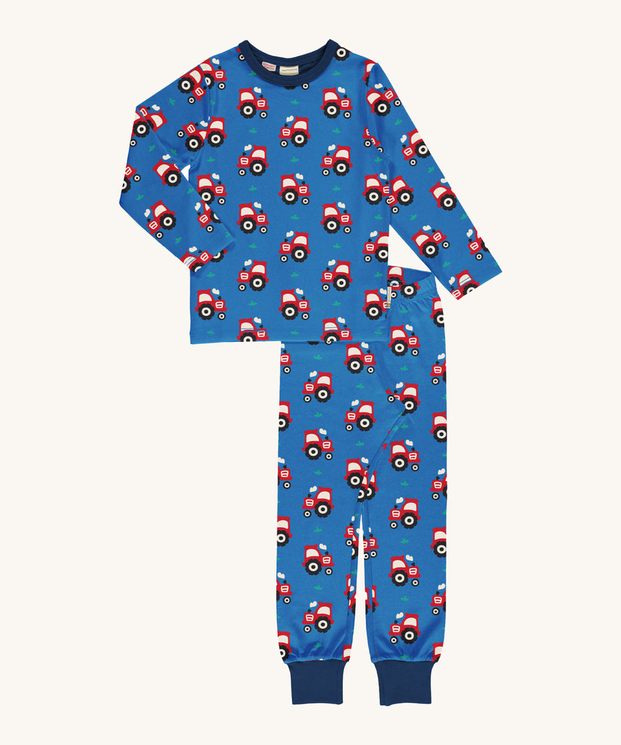 Maxomorra Tractor Long Sleeve Pyjama Set in blue fabric with red tractor print and navy ankle cuffs