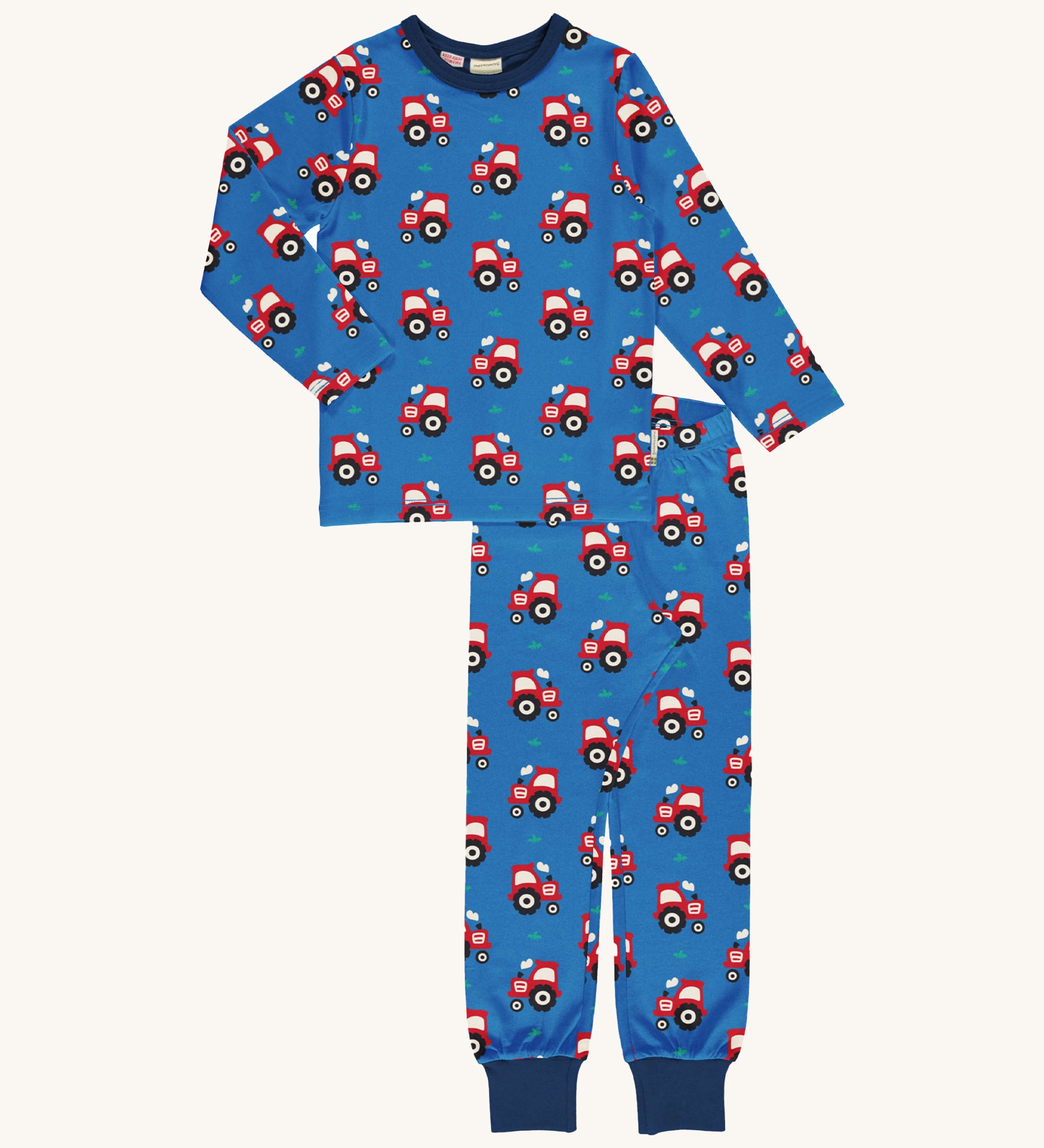 Maxomorra Tractor Long Sleeve Pyjama Set in blue fabric with red tractor print and navy ankle cuffs