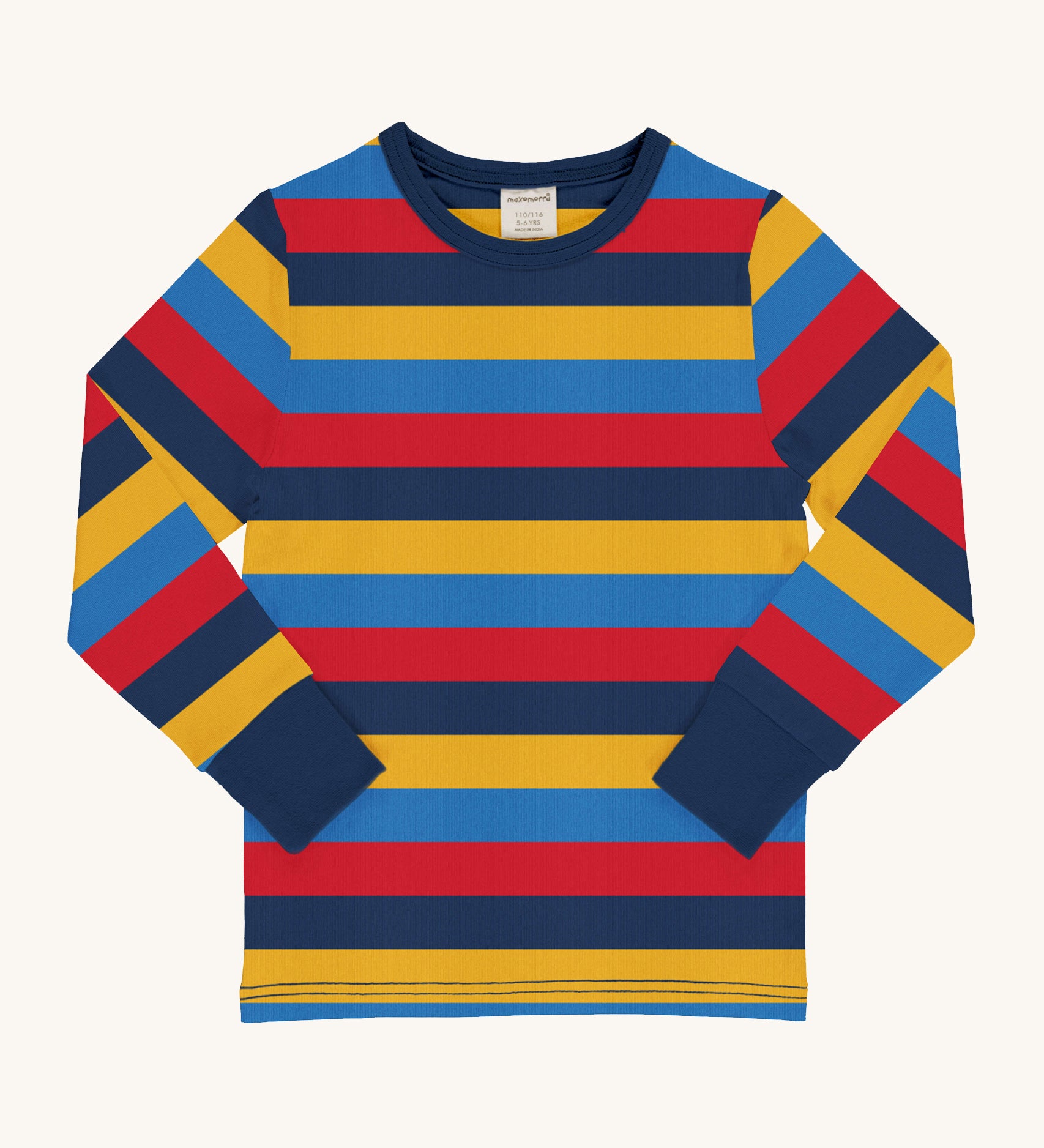 Maxomorra Blue Stripes Long Sleeve Top in bold blue, yellow, navy and red horizontal stripes