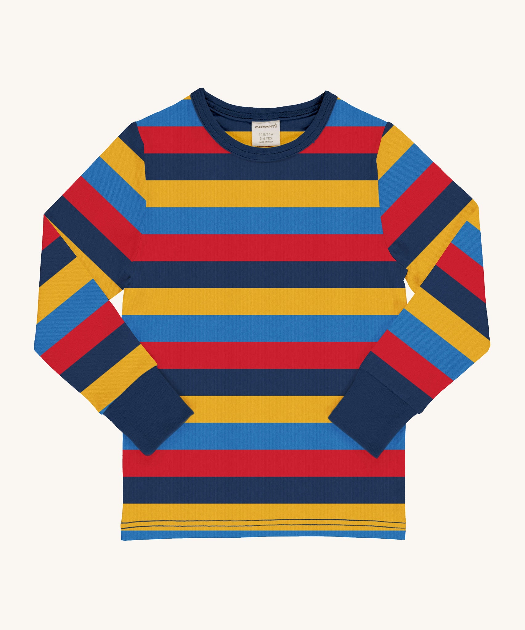 Maxomorra Blue Stripes Long Sleeve Top in bold blue, yellow, navy and red horizontal stripes