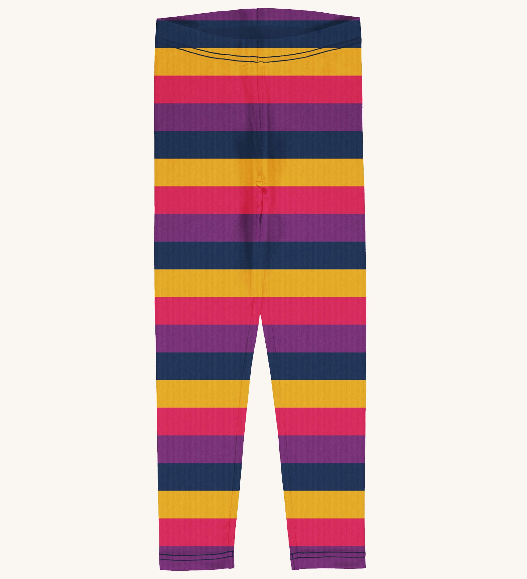 Maxomorra Organic Cotton Purple Stripes Leggings in purple, pink, yellow and navy horizontal stripes