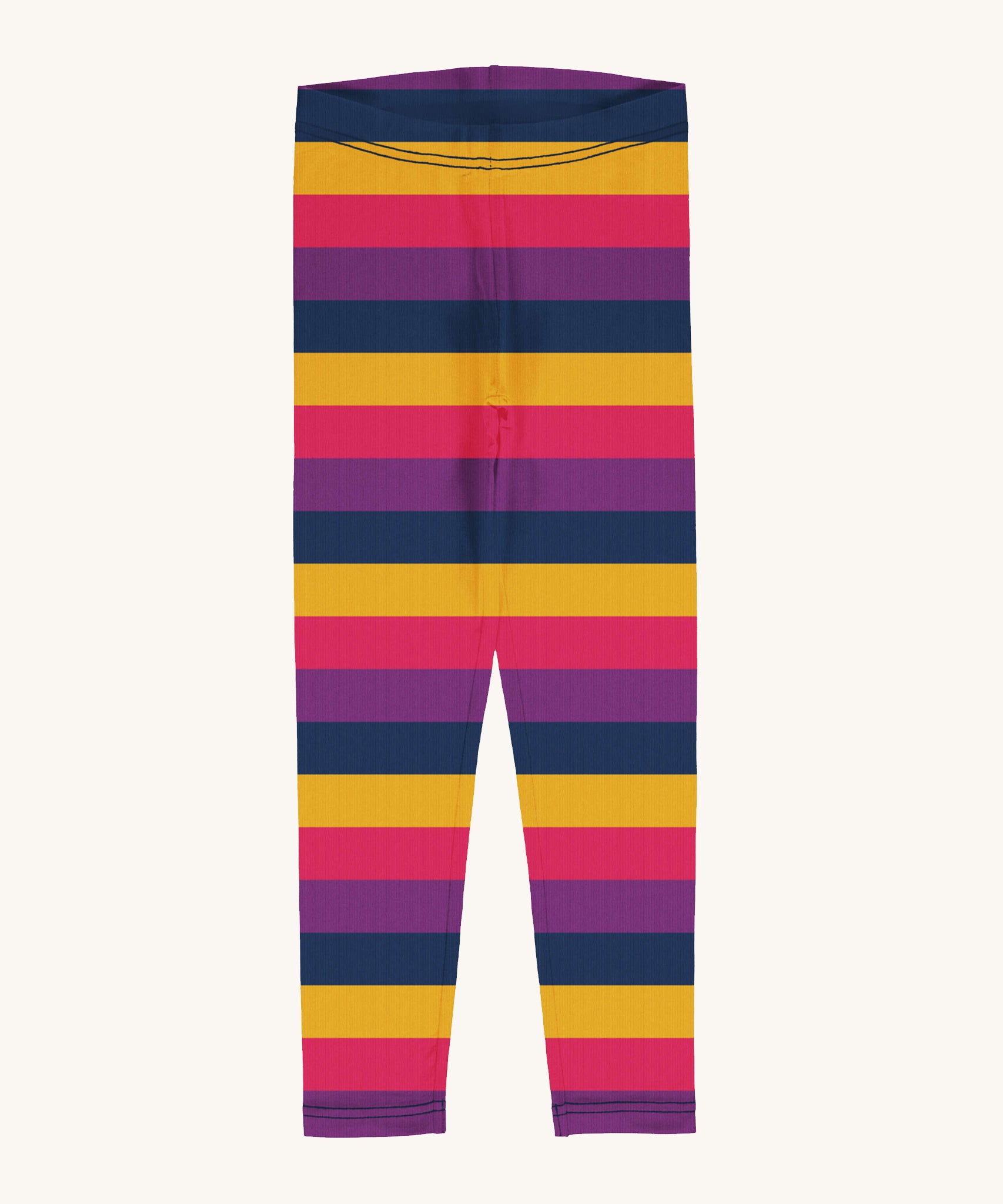 Maxomorra Organic Cotton Purple Stripes Leggings in purple, pink, yellow and navy horizontal stripes