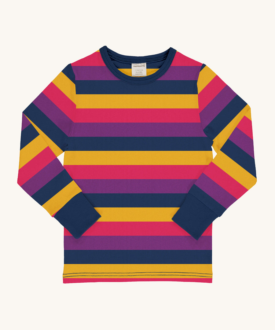 Maxomorra Organic Cotton Purple Stripes Long Sleeve Top in bold yellow, navy, purple and pink horizontal stripes