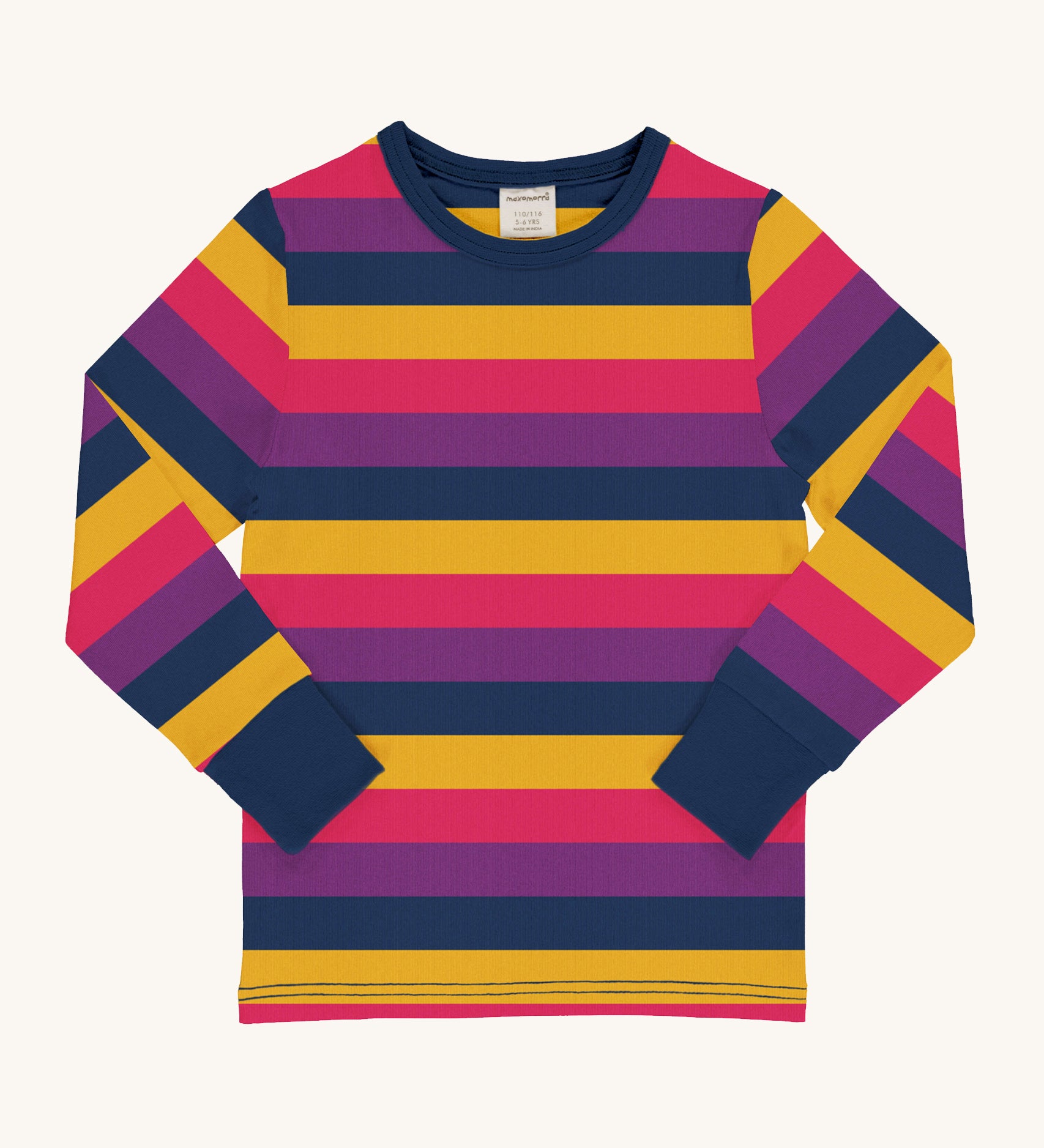 Maxomorra Organic Cotton Purple Stripes Long Sleeve Top in bold yellow, navy, purple and pink horizontal stripes