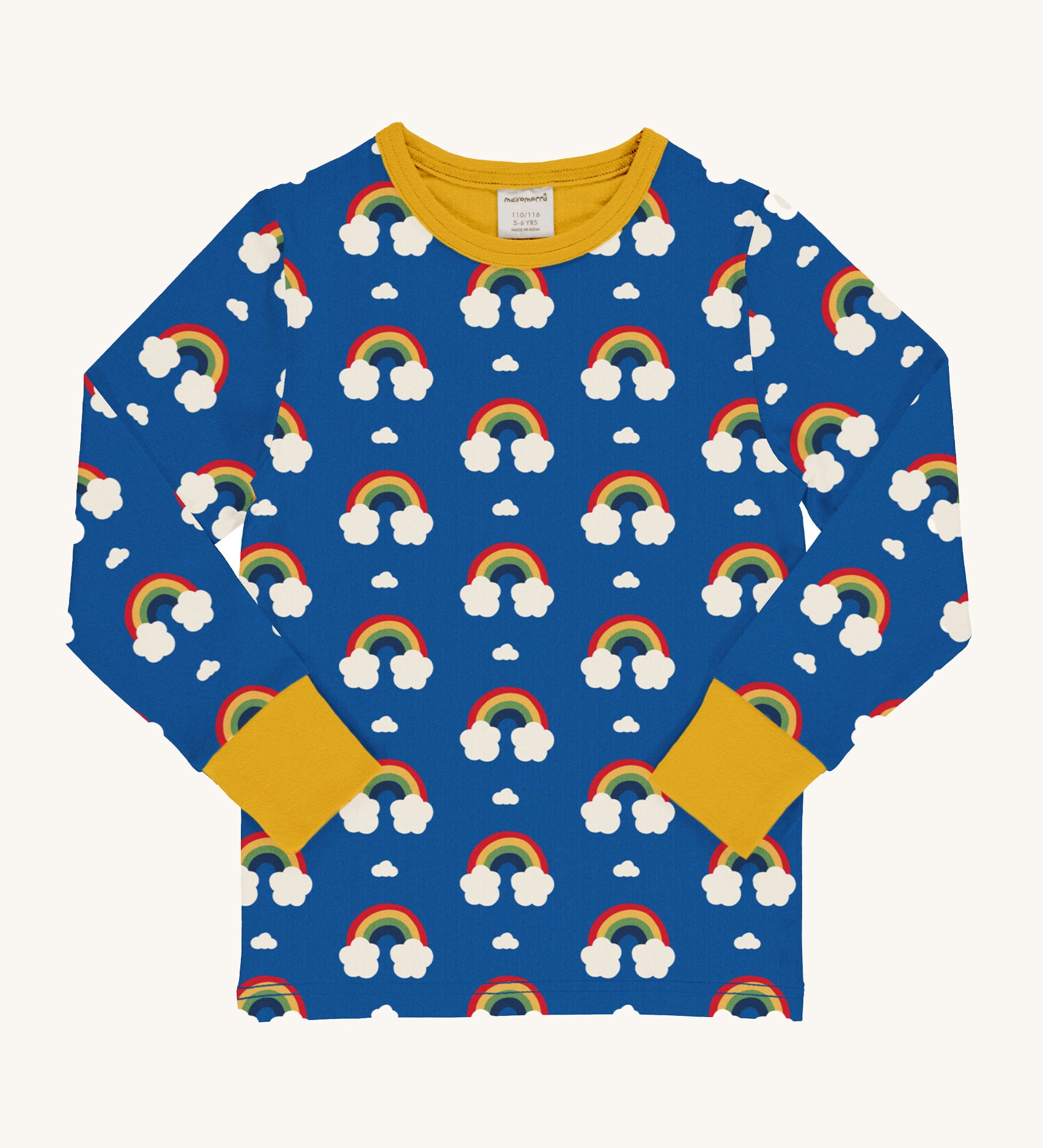 Maxomorra Rainbow Long Sleeved Children's Top is blue with a repeat rainbow print, and contrasting yellow elasticated cuffs and neck trim 