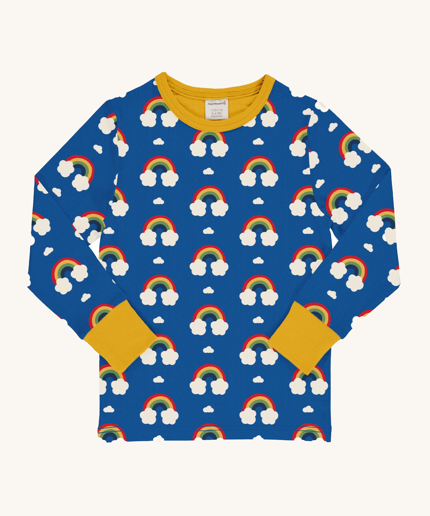 Maxomorra Rainbow Long Sleeved Children's Top is blue with a repeat rainbow print, and contrasting yellow elasticated cuffs and neck trim 