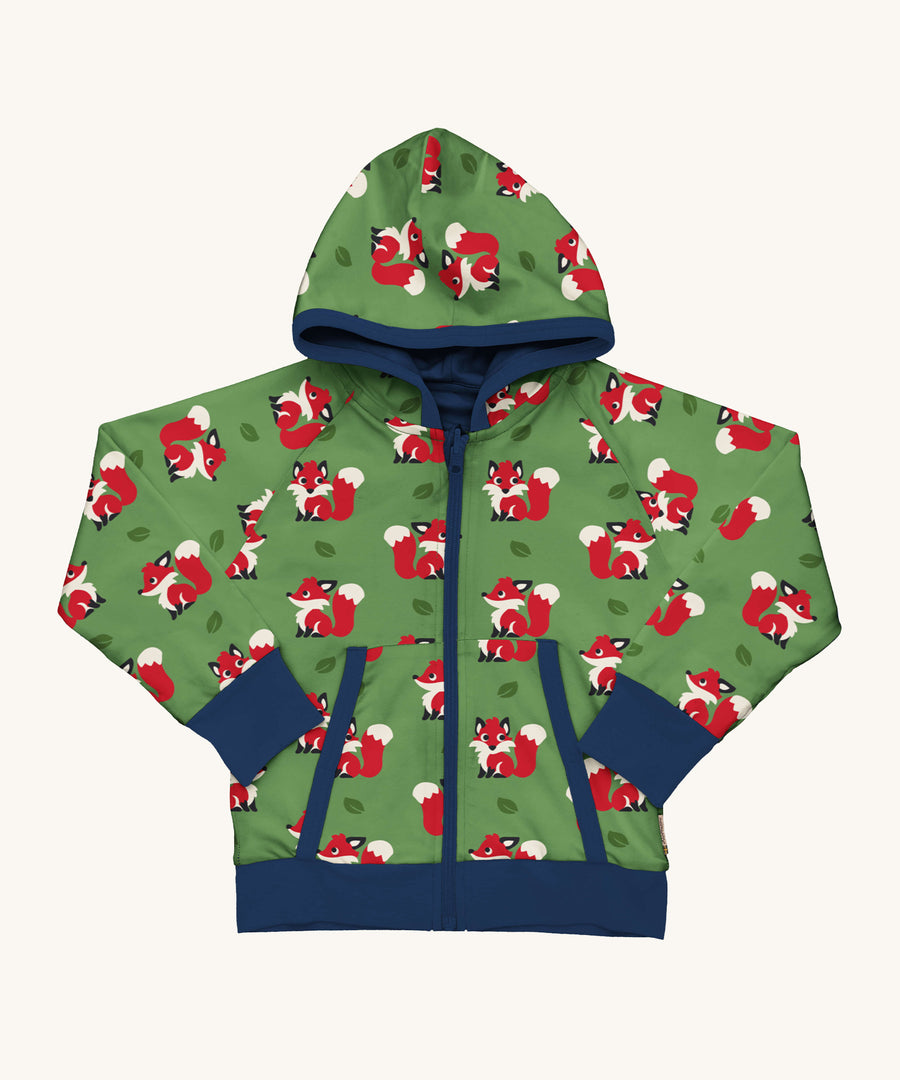 Maxomorra Organic Cotton Fox Reversible Zip Hoodie in green fabric with a fox print, navy piping, navy wrist cuffs and waist band, and a navy inner