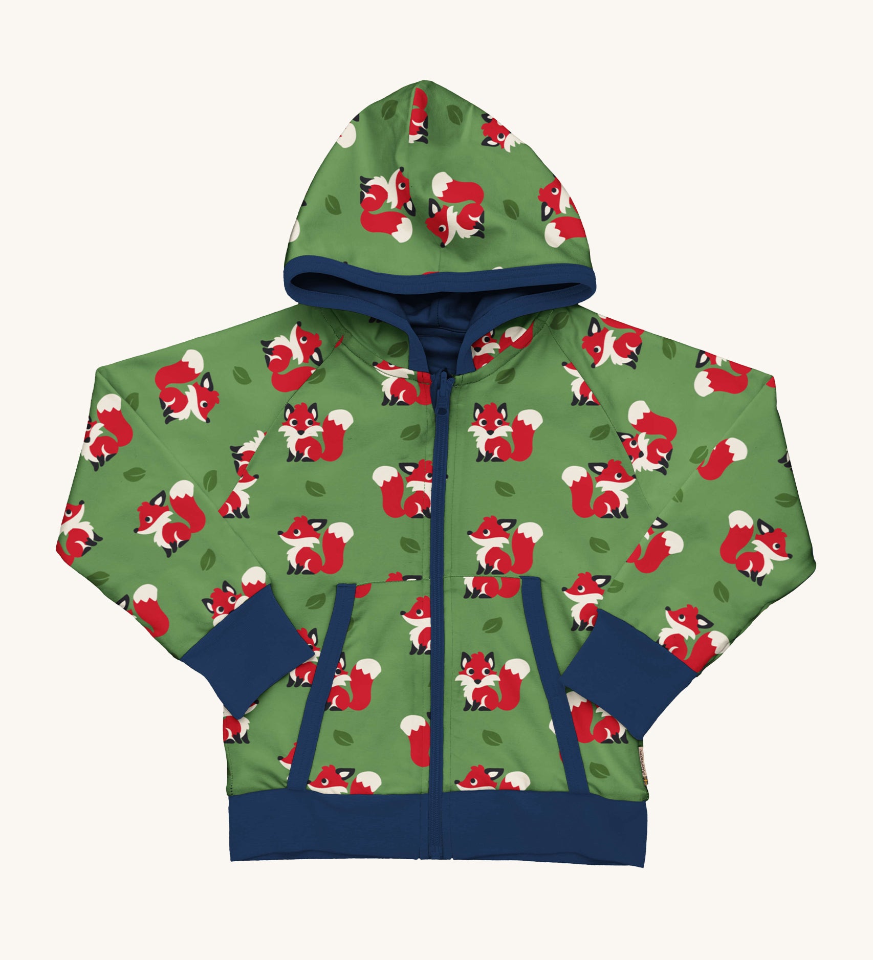 Maxomorra Organic Cotton Fox Reversible Zip Hoodie in green fabric with a fox print, navy piping, navy wrist cuffs and waist band, and a navy inner