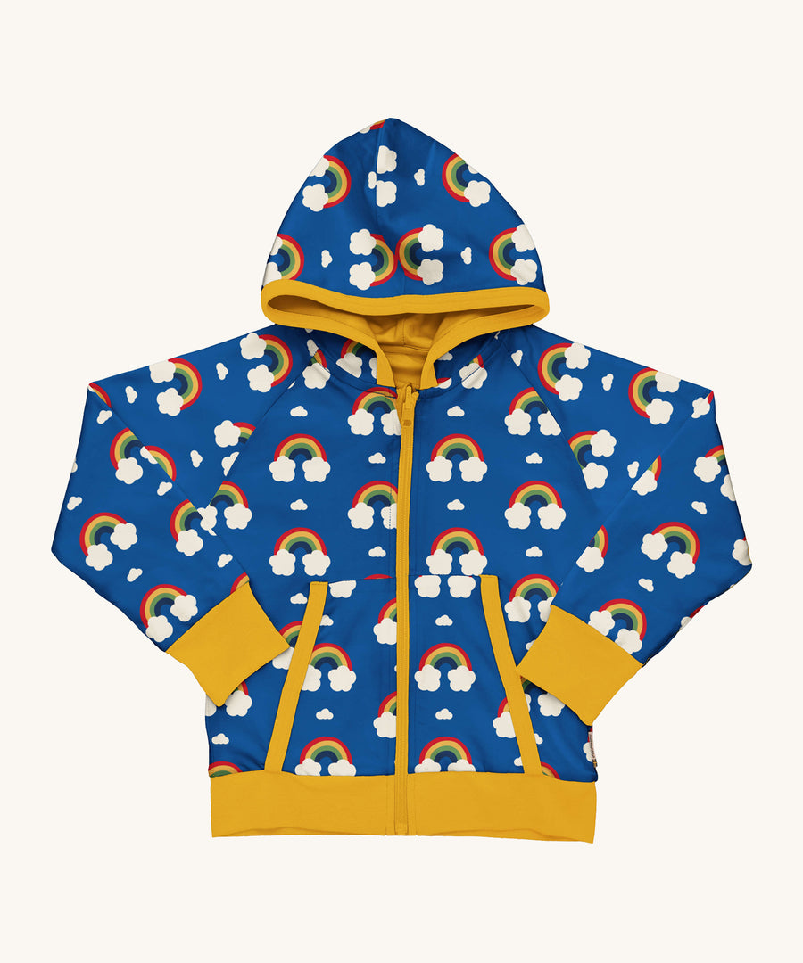 Maxomorra Organic Cotton Rainbow Reversible Zip Hoodie in blue fabric with colourful rainbow print, yellow piping, yellow wrist cuffs and waist band, and a yellow inner